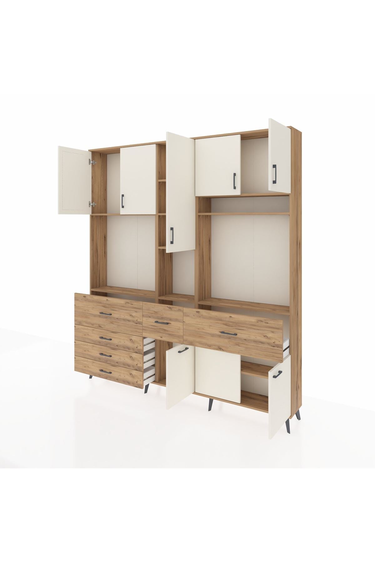 Arges Dolap 10 Raflı 6 Çekmeceli 8 Kapaklı 220x30x243 Çam-Aytaşı/Çam