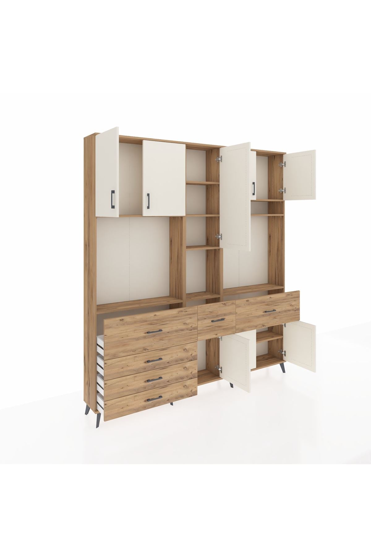 Arges Dolap 10 Raflı 6 Çekmeceli 8 Kapaklı 220x30x243 Çam-Aytaşı/Çam