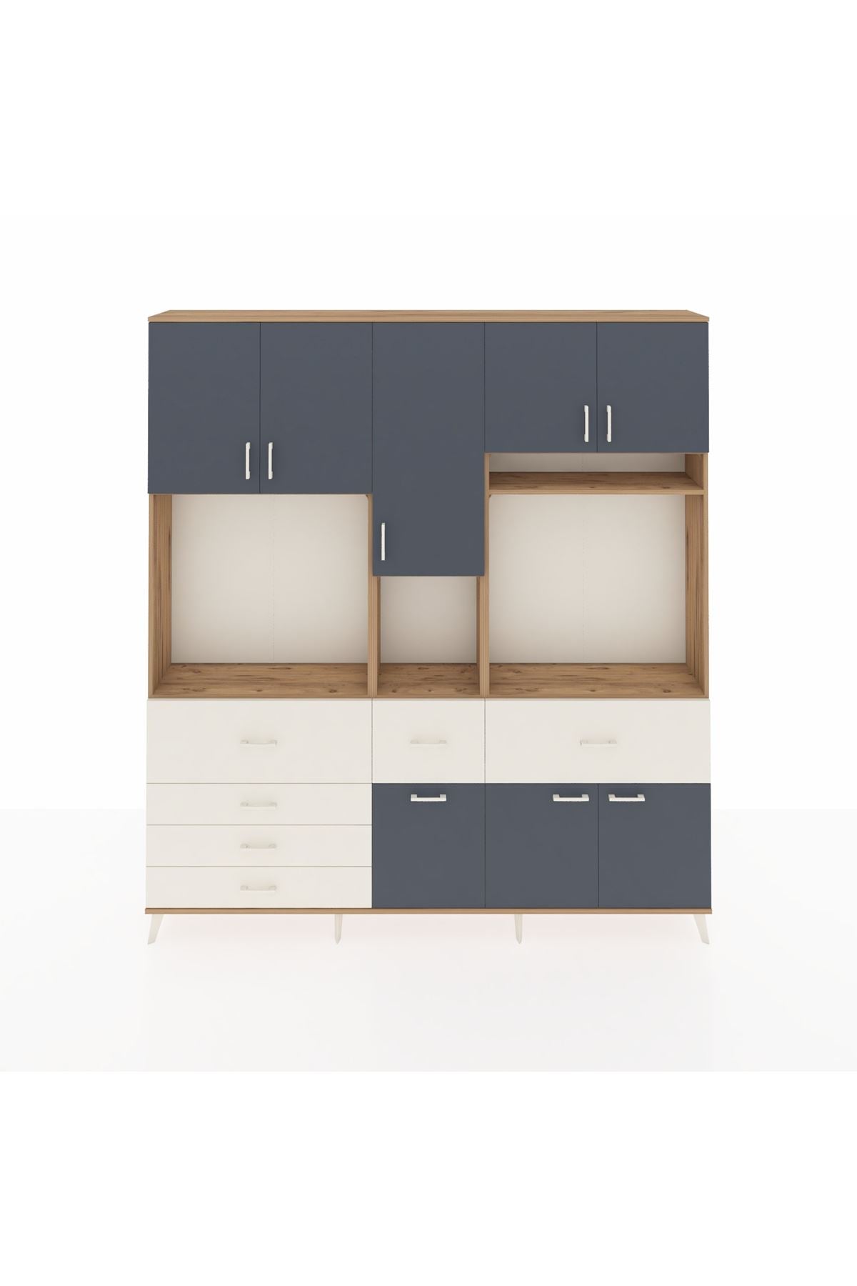 Arges Dolap 10 Raflı 6 Çekmeceli 8 Kapaklı 220x30x243 Çam-Antrasit/Aytaşı