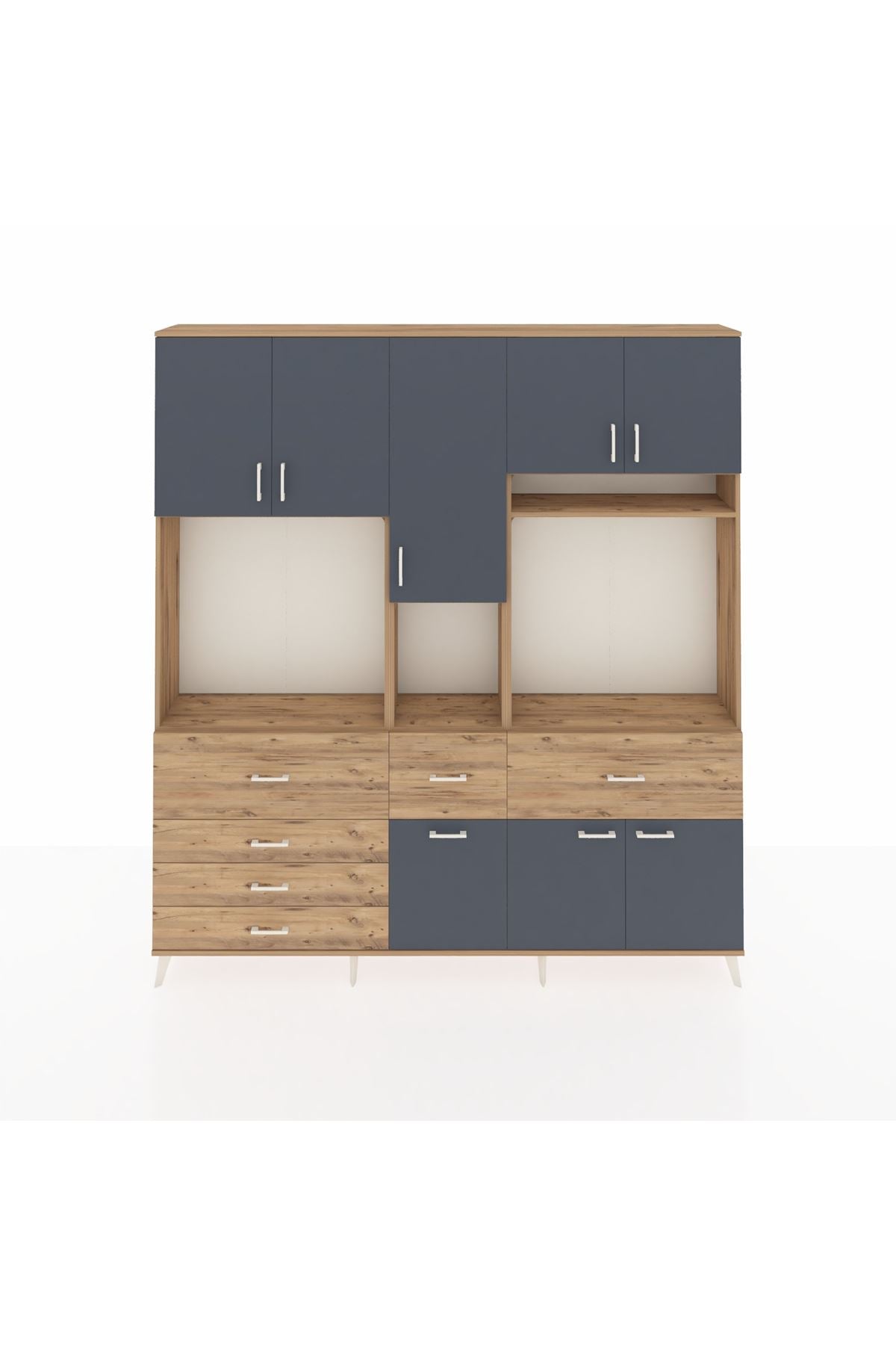 Arges Dolap 10 Raflı 6 Çekmeceli 8 Kapaklı 220x30x243 Çam-Antrasit/Çam