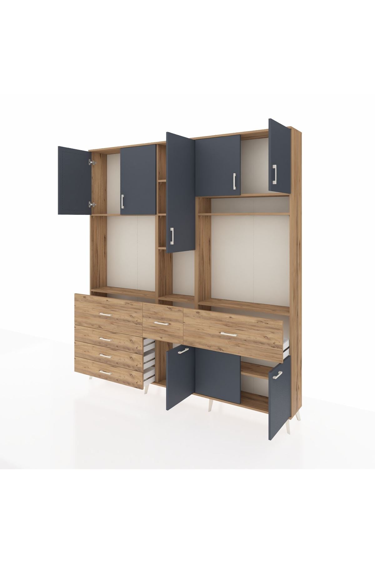 Arges Dolap 10 Raflı 6 Çekmeceli 8 Kapaklı 220x30x243 Çam-Antrasit/Çam