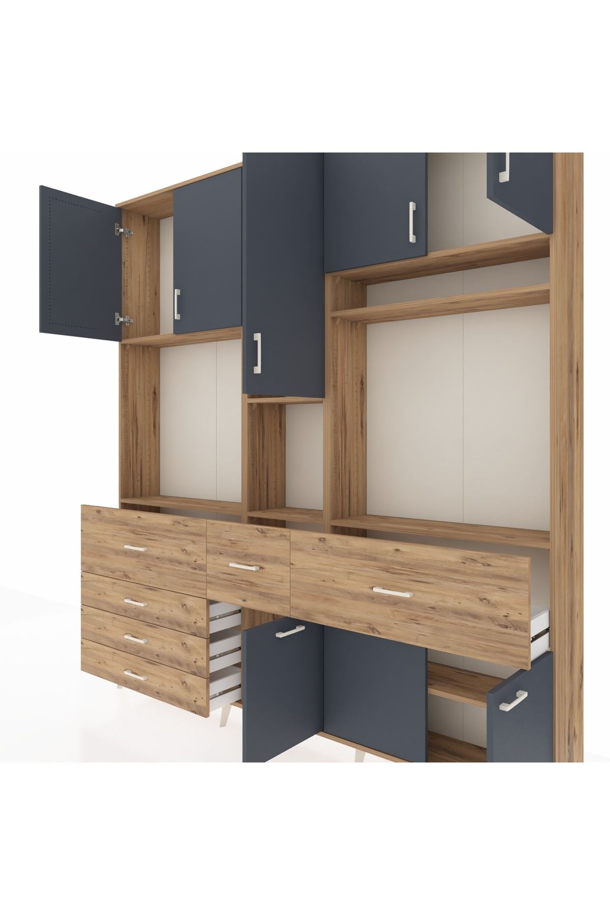 Arges Dolap 10 Raflı 6 Çekmeceli 8 Kapaklı 220x30x243 Çam-Antrasit/Çam