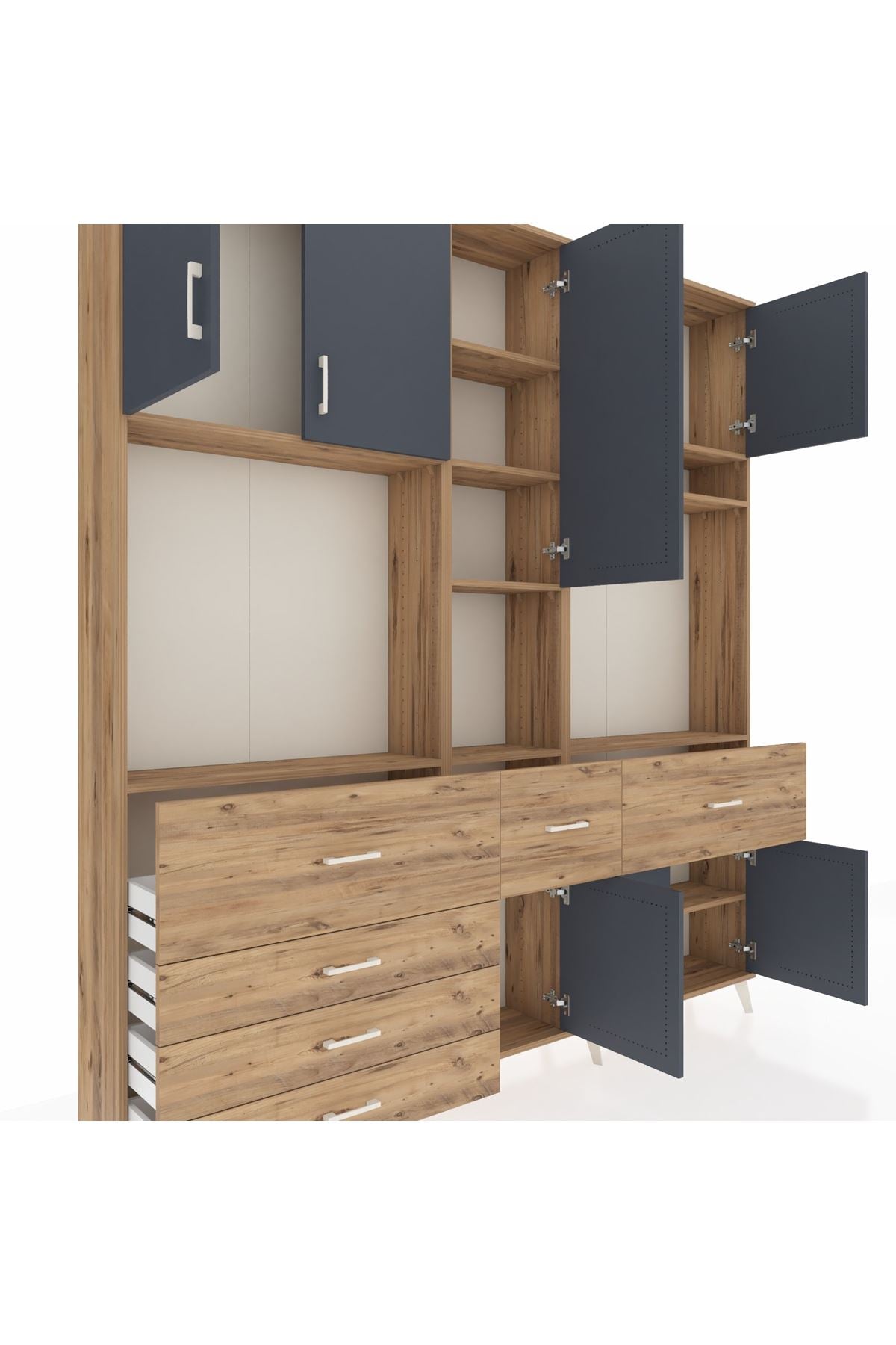 Arges Dolap 10 Raflı 6 Çekmeceli 8 Kapaklı 220x30x243 Çam-Antrasit/Çam