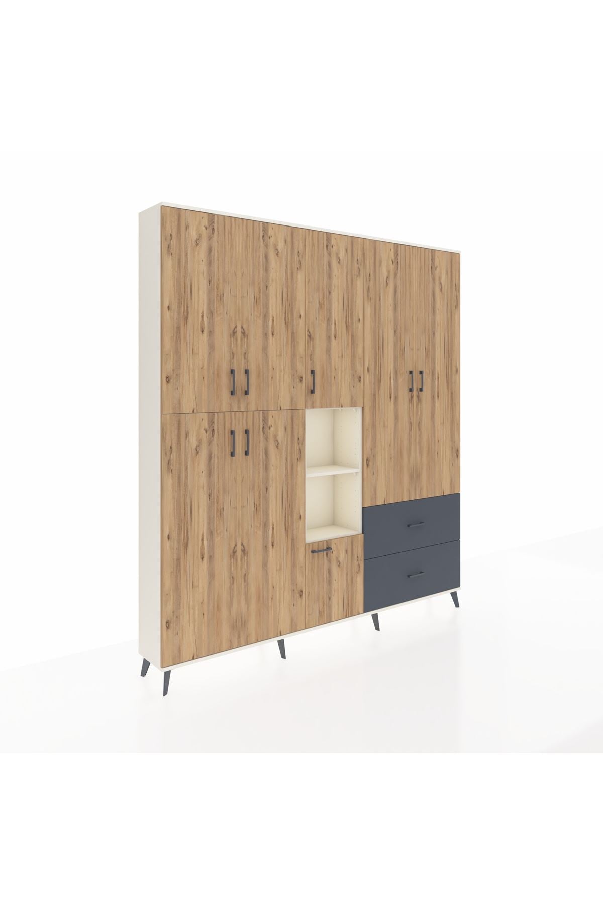 Arges Dolap 12 Raflı 2 Çekmeceli Tek Askılı 220x30x243 Aytaşı-Çam/Antrasit