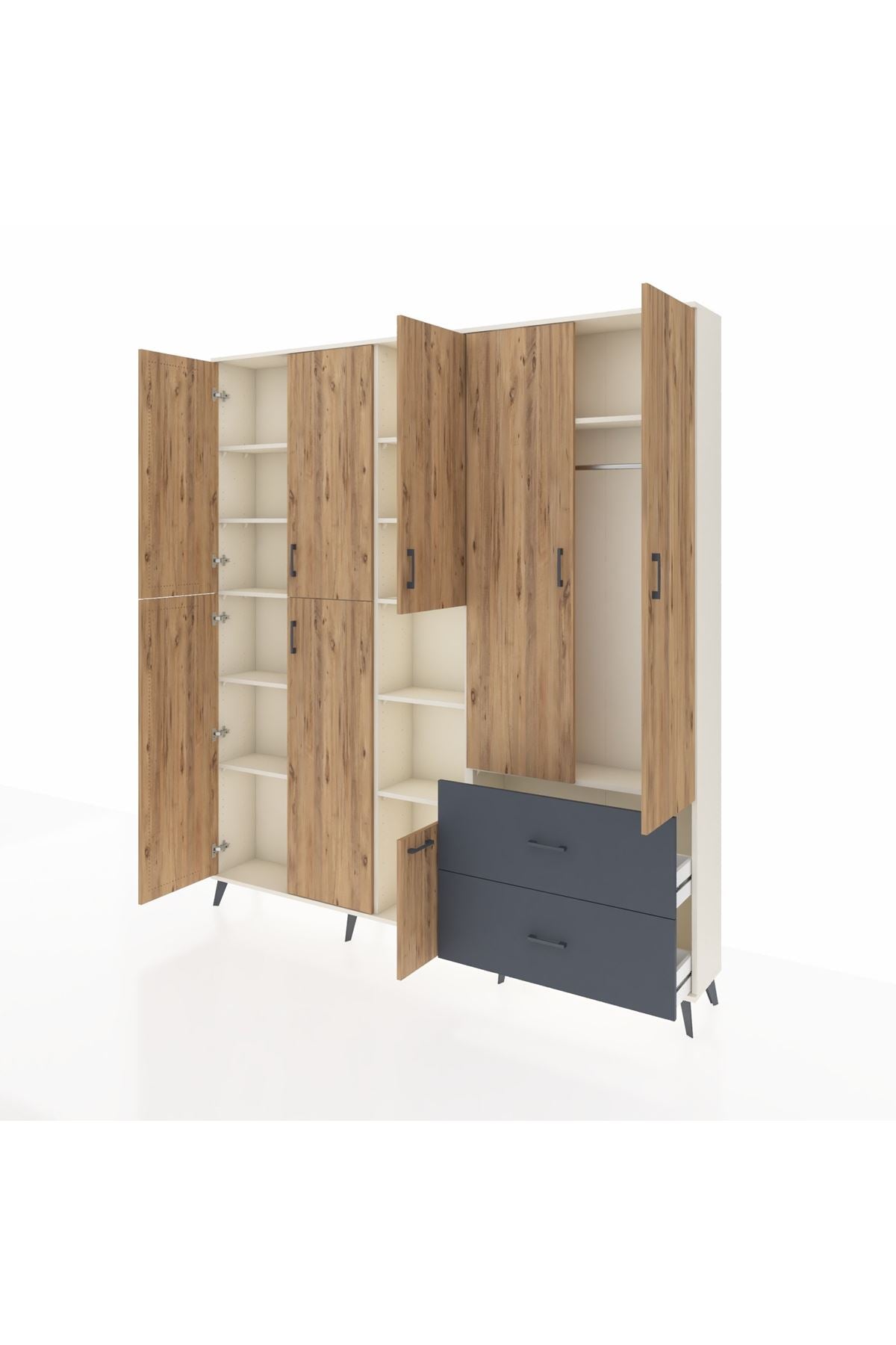 Arges Dolap 12 Raflı 2 Çekmeceli Tek Askılı 220x30x243 Aytaşı-Çam/Antrasit