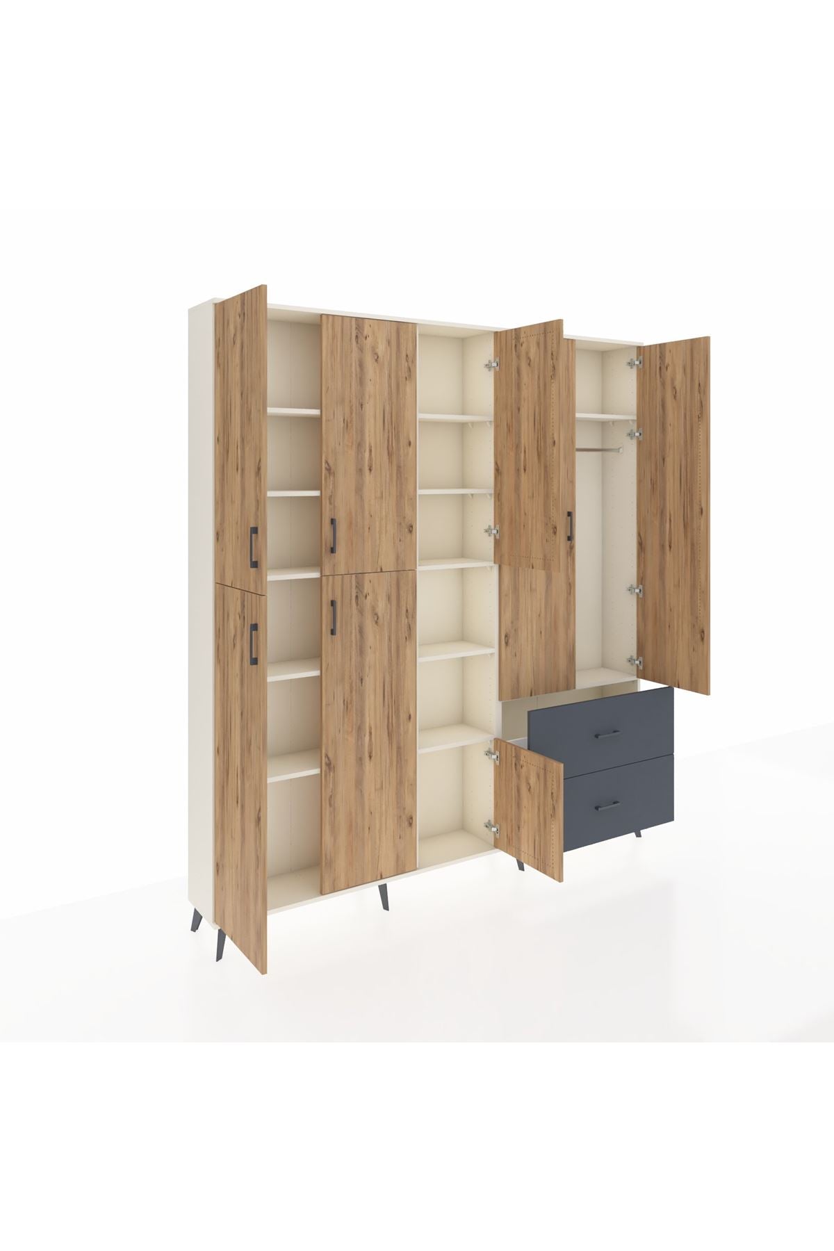 Arges Dolap 12 Raflı 2 Çekmeceli Tek Askılı 220x30x243 Aytaşı-Çam/Antrasit