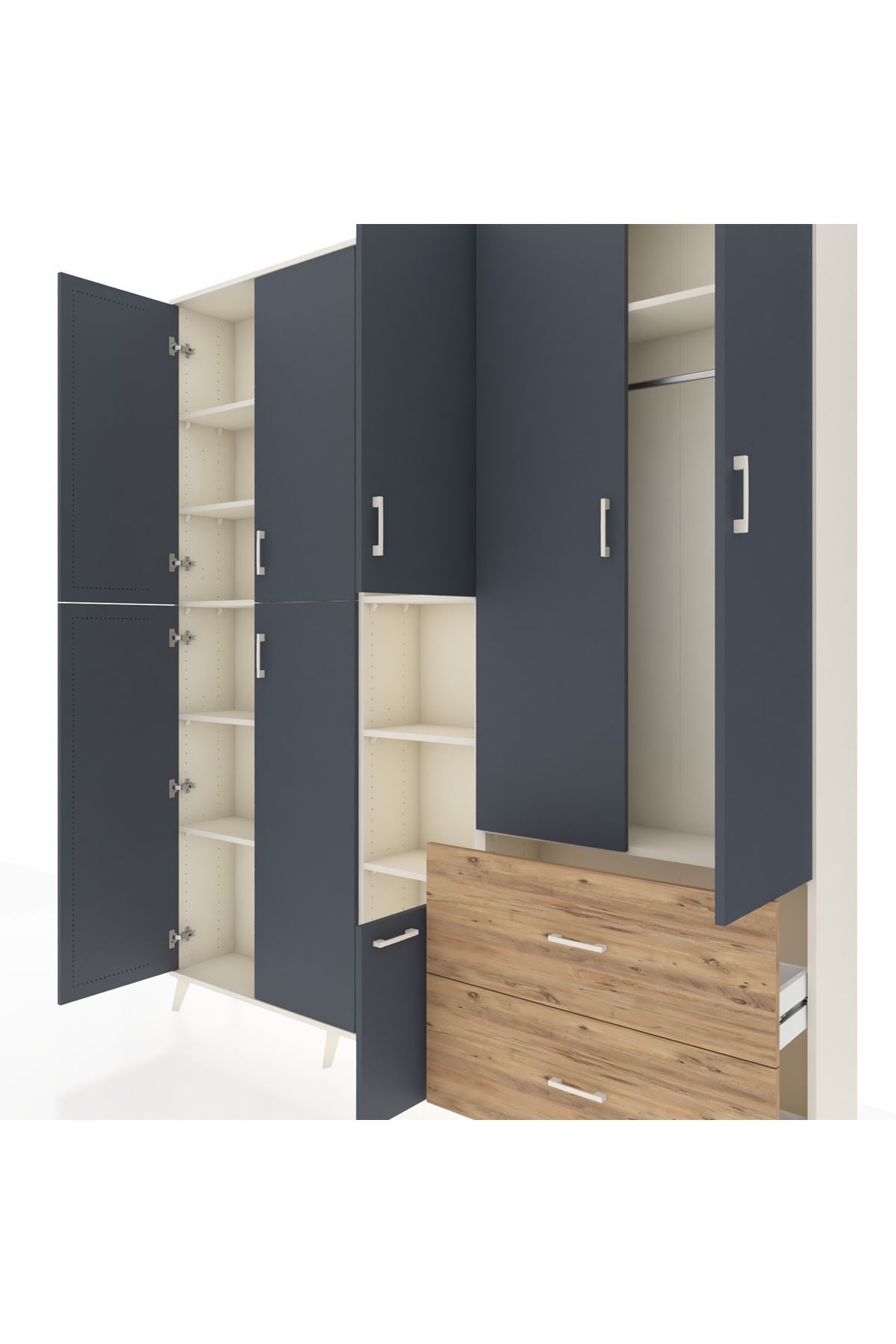 Arges Dolap 12 Raflı 2 Çekmeceli Tek Askılı 220x30x243 Aytaşı-Antrasit/Çam