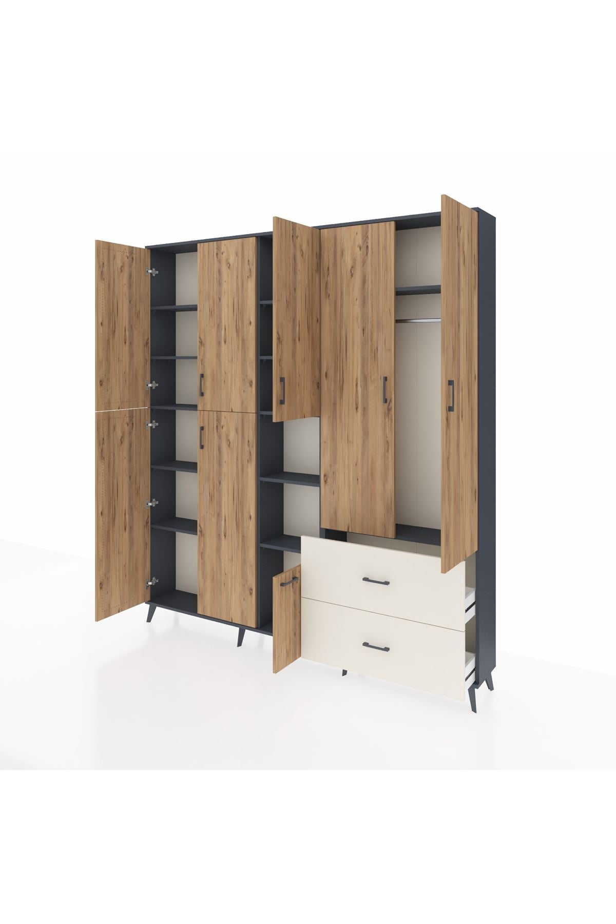 Arges Dolap 12 Raflı 2 Çekmeceli Tek Askılı 220x30x243 Antrasit-Çam/Aytaşı