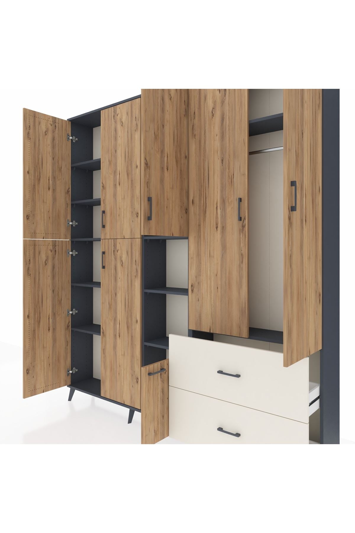 Arges Dolap 12 Raflı 2 Çekmeceli Tek Askılı 220x30x243 Antrasit-Çam/Aytaşı