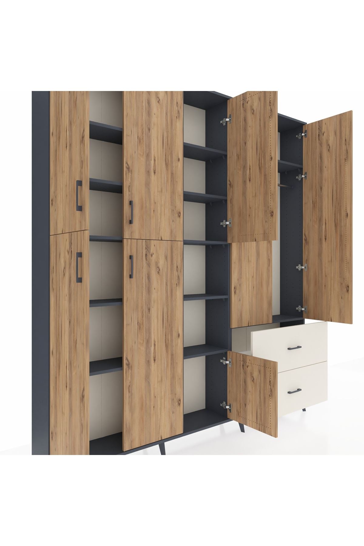 Arges Dolap 12 Raflı 2 Çekmeceli Tek Askılı 220x30x243 Antrasit-Çam/Aytaşı