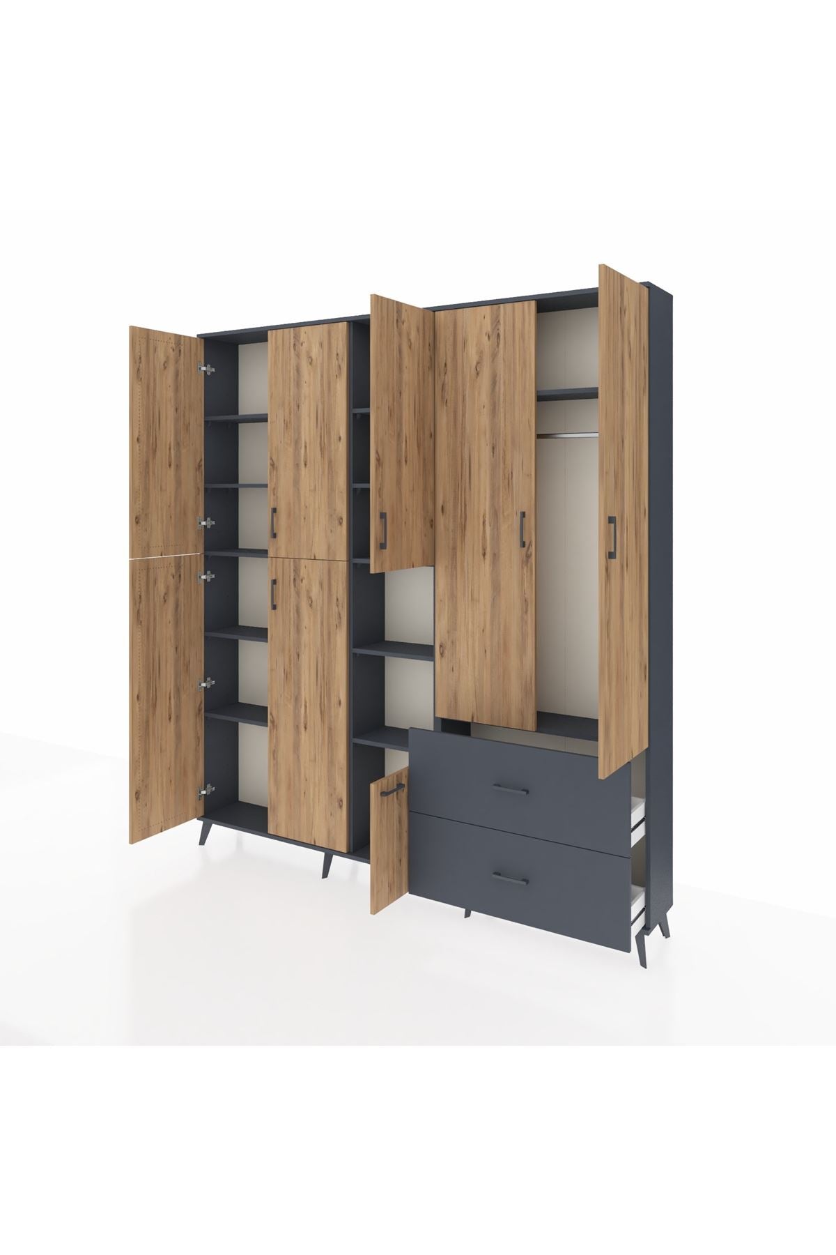 Arges Dolap 12 Raflı 2 Çekmeceli Tek Askılı 220x30x243 Antrasit-Çam/Antrasit