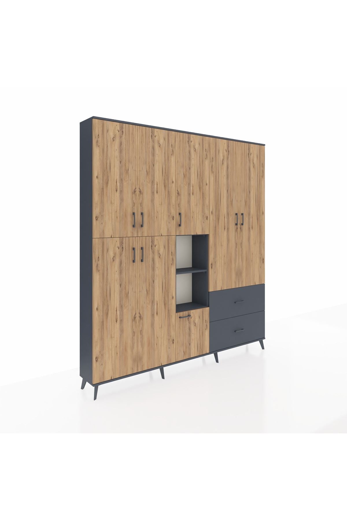 Arges Dolap 12 Raflı 2 Çekmeceli Tek Askılı 220x30x243 Antrasit-Çam/Antrasit