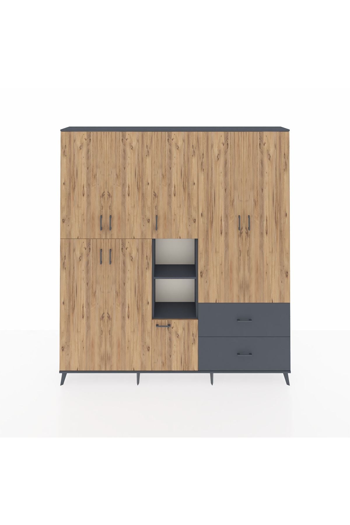 Arges Dolap 12 Raflı 2 Çekmeceli Tek Askılı 220x30x243 Antrasit-Çam/Antrasit