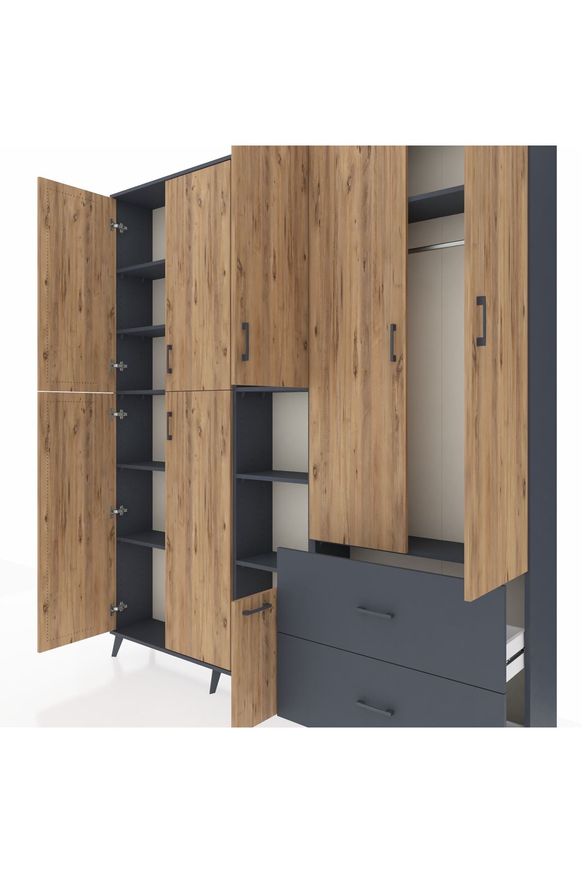 Arges Dolap 12 Raflı 2 Çekmeceli Tek Askılı 220x30x243 Antrasit-Çam/Antrasit