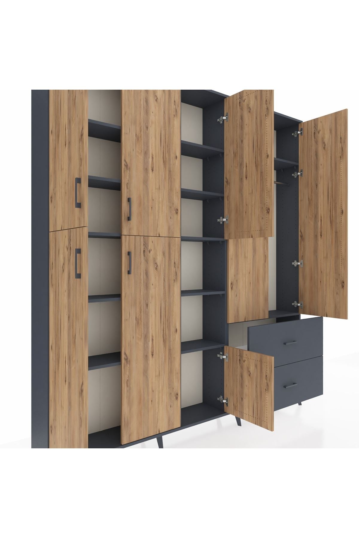 Arges Dolap 12 Raflı 2 Çekmeceli Tek Askılı 220x30x243 Antrasit-Çam/Antrasit