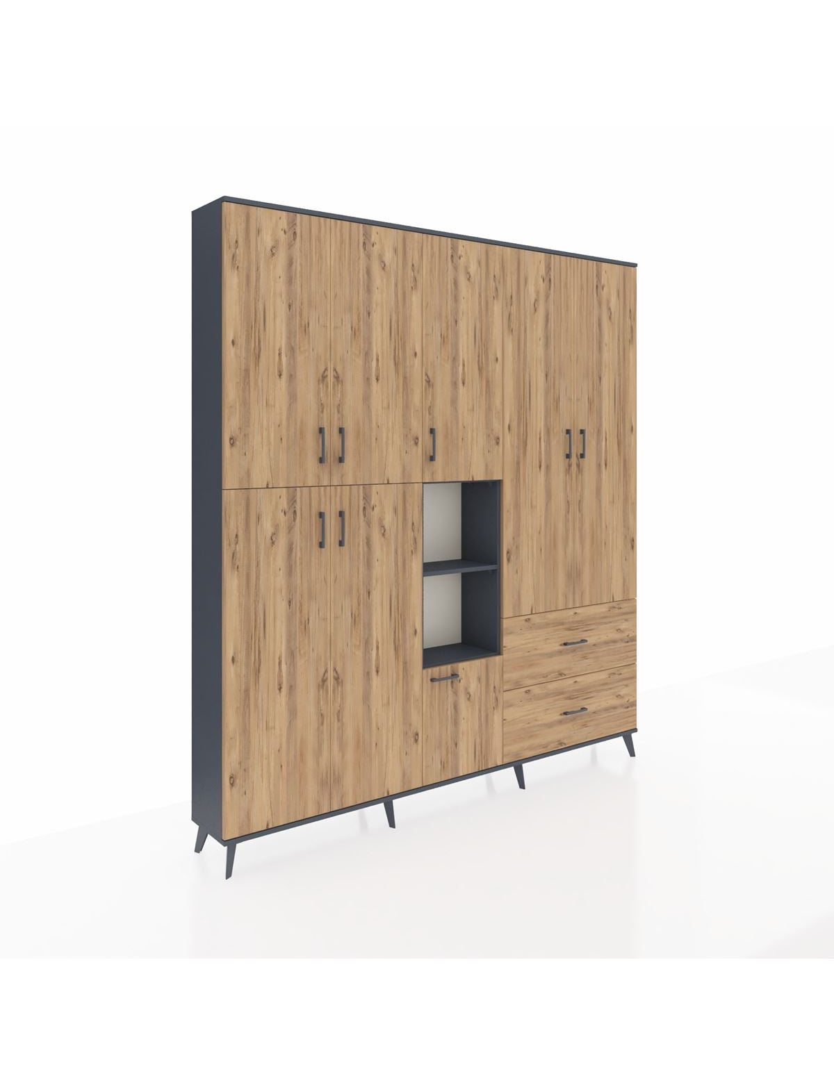 Arges Gardrop 12 Raflı 2 Çekmeceli Tek Askılı 220x30x243 Antrasit-Çam