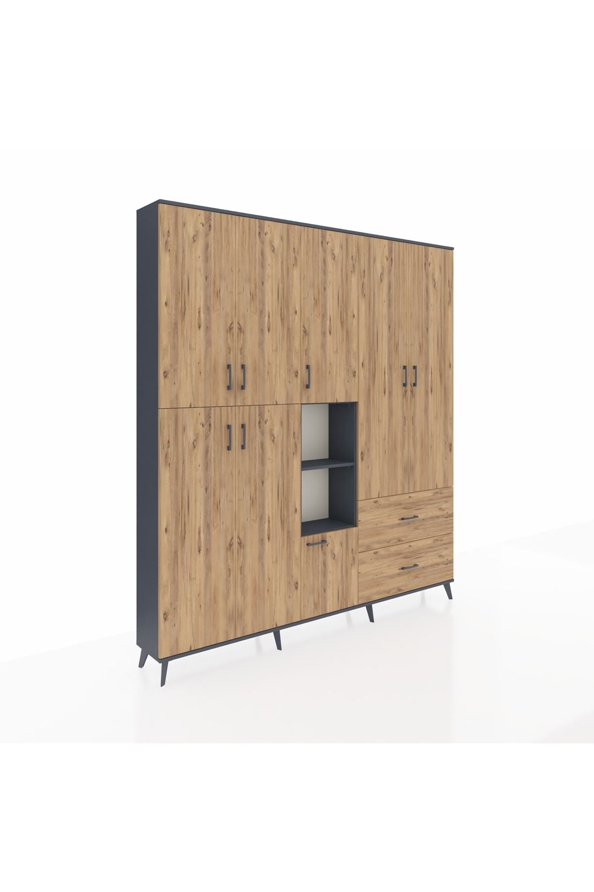 Arges Gardrop 12 Raflı 2 Çekmeceli Tek Askılı 220x30x243 Antrasit-Çam