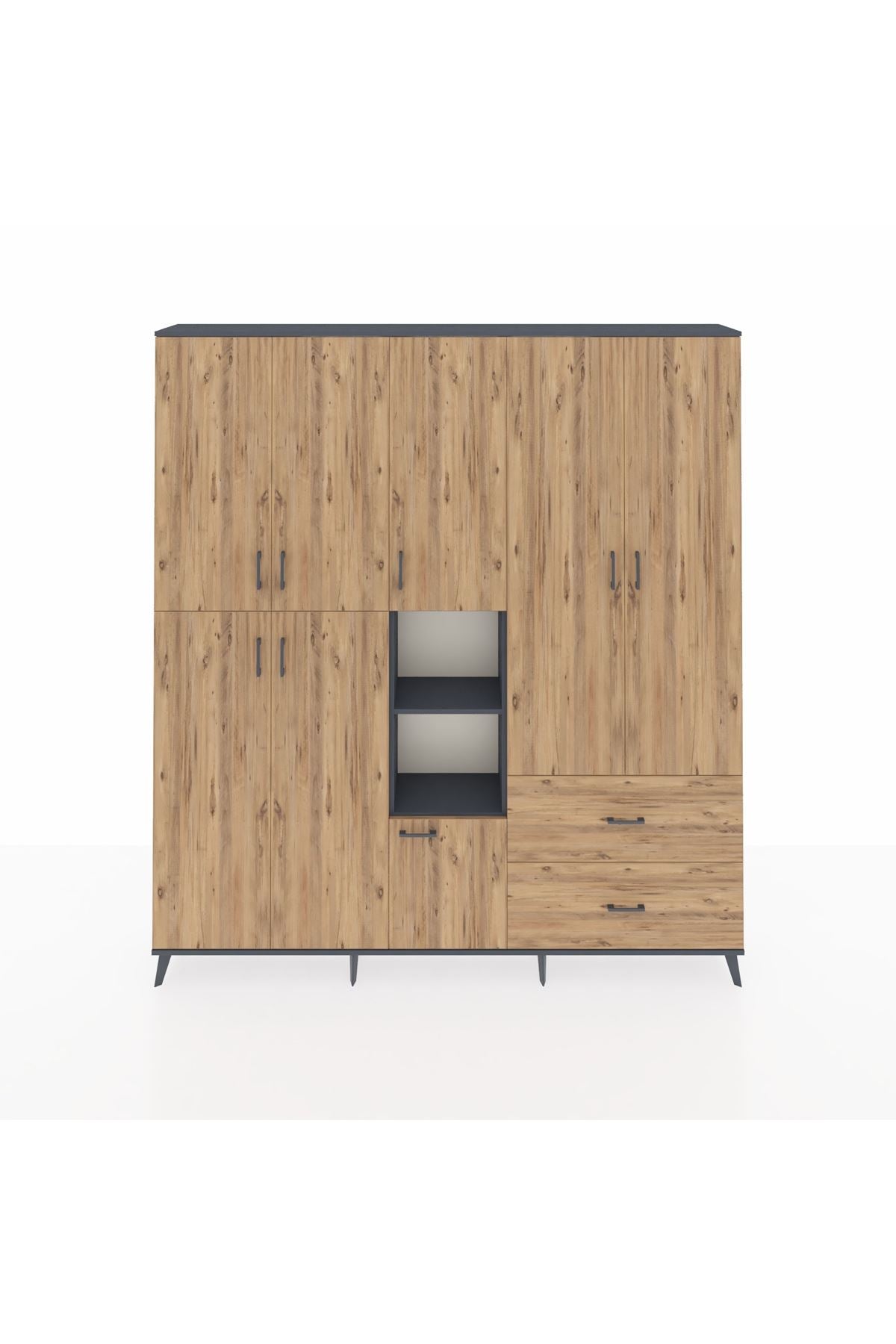 Arges Gardrop 12 Raflı 2 Çekmeceli Tek Askılı 220x30x243 Antrasit-Çam