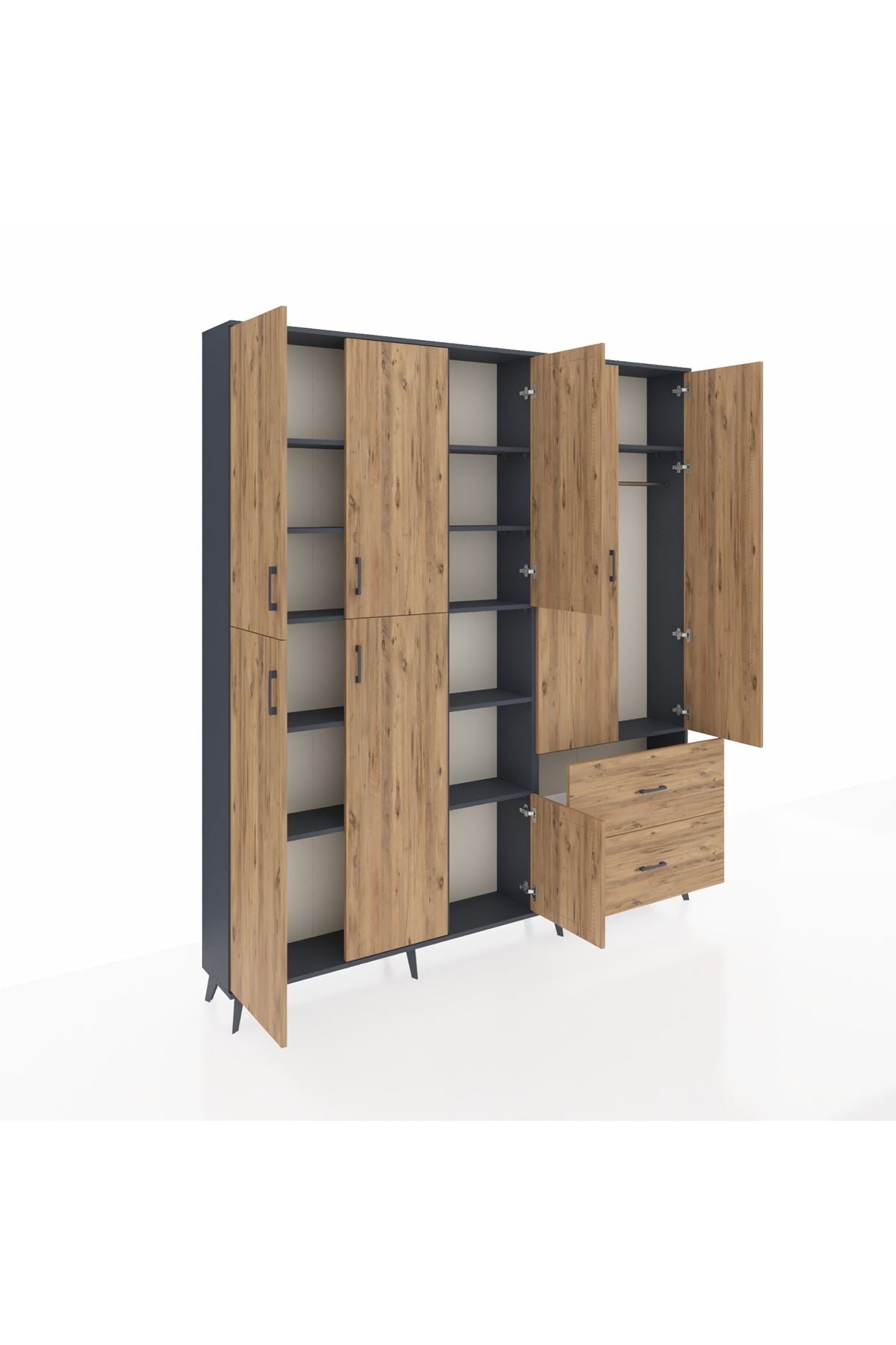 Arges Gardrop 12 Raflı 2 Çekmeceli Tek Askılı 220x30x243 Antrasit-Çam