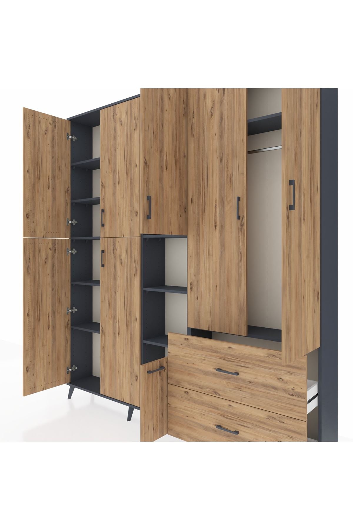 Arges Gardrop 12 Raflı 2 Çekmeceli Tek Askılı 220x30x243 Antrasit-Çam