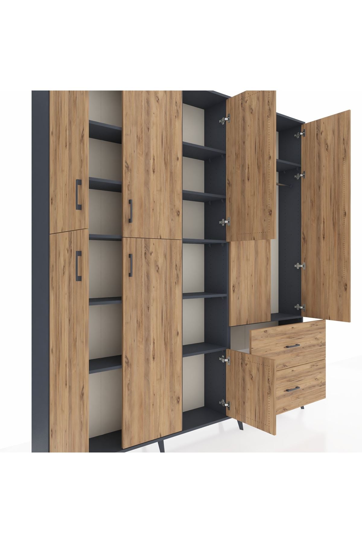 Arges Gardrop 12 Raflı 2 Çekmeceli Tek Askılı 220x30x243 Antrasit-Çam