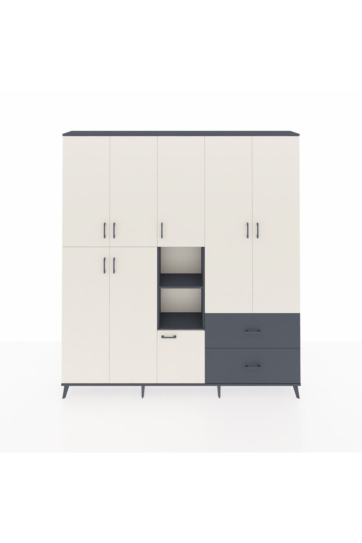 Arges Dolap 12 Raflı 2 Çekmeceli Tek Askılı 220x30x243 Antrasit-Aytaşı/Antrasit