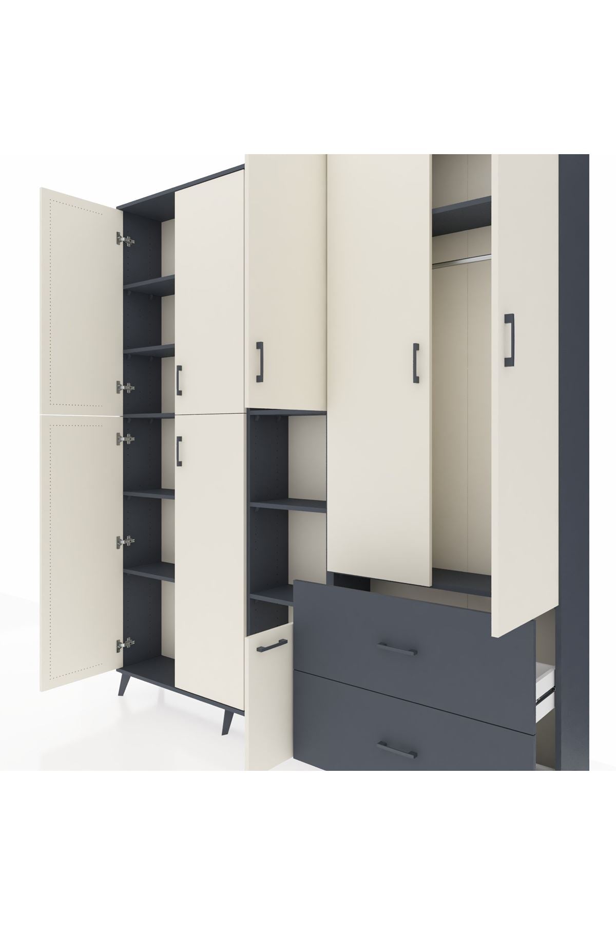 Arges Dolap 12 Raflı 2 Çekmeceli Tek Askılı 220x30x243 Antrasit-Aytaşı/Antrasit