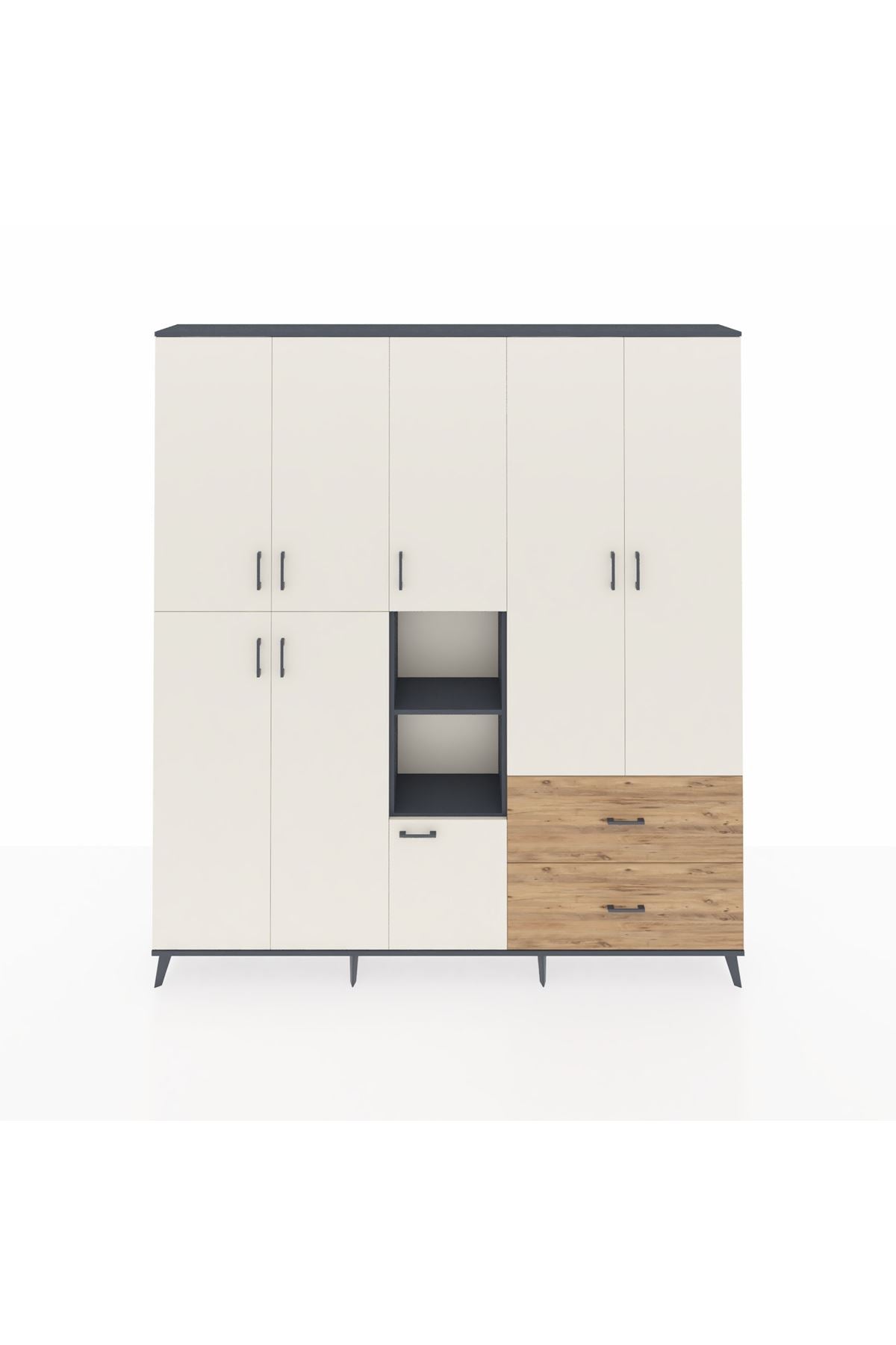 Arges Dolap 12 Raflı 2 Çekmeceli Tek Askılı 220x30x243 Antrasit-Aytaşı/Çam