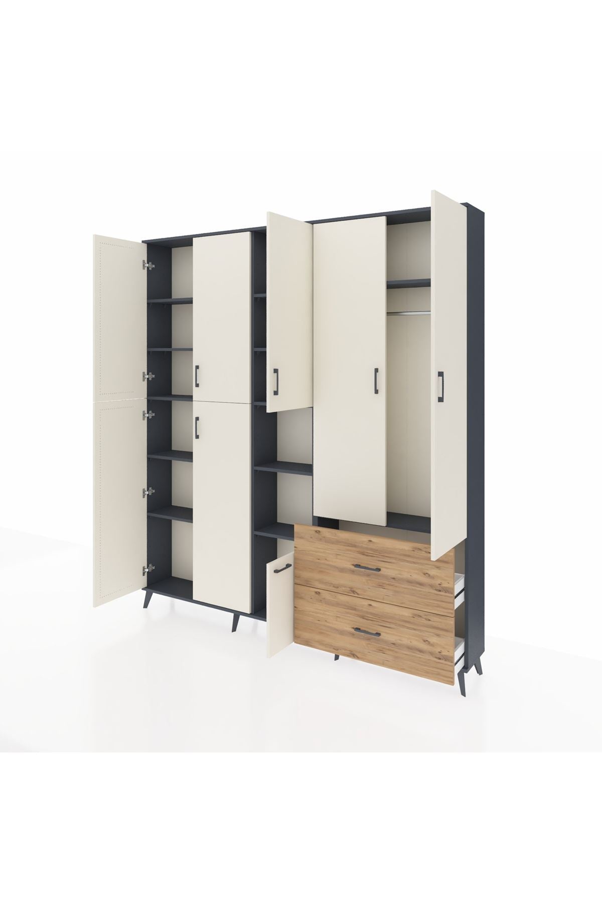 Arges Dolap 12 Raflı 2 Çekmeceli Tek Askılı 220x30x243 Antrasit-Aytaşı/Çam