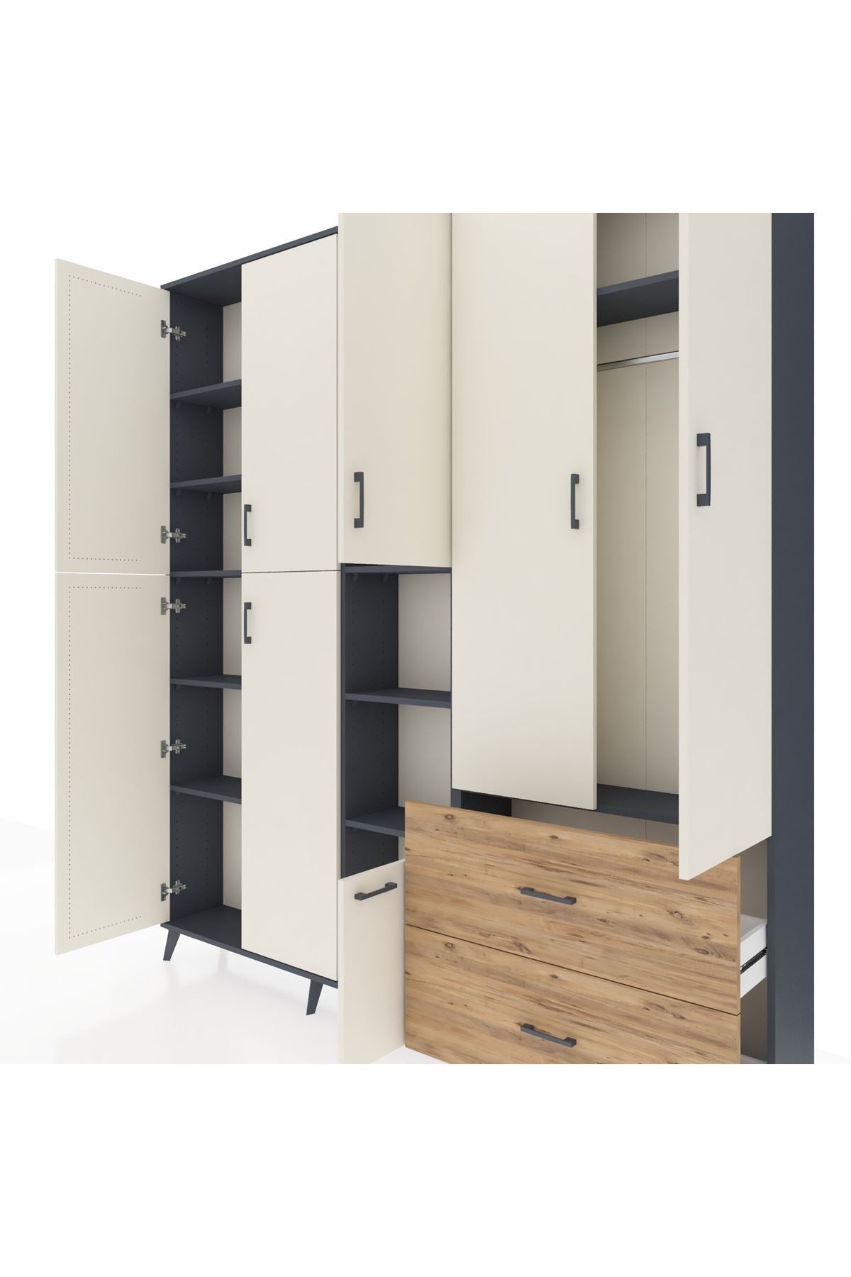 Arges Dolap 12 Raflı 2 Çekmeceli Tek Askılı 220x30x243 Antrasit-Aytaşı/Çam