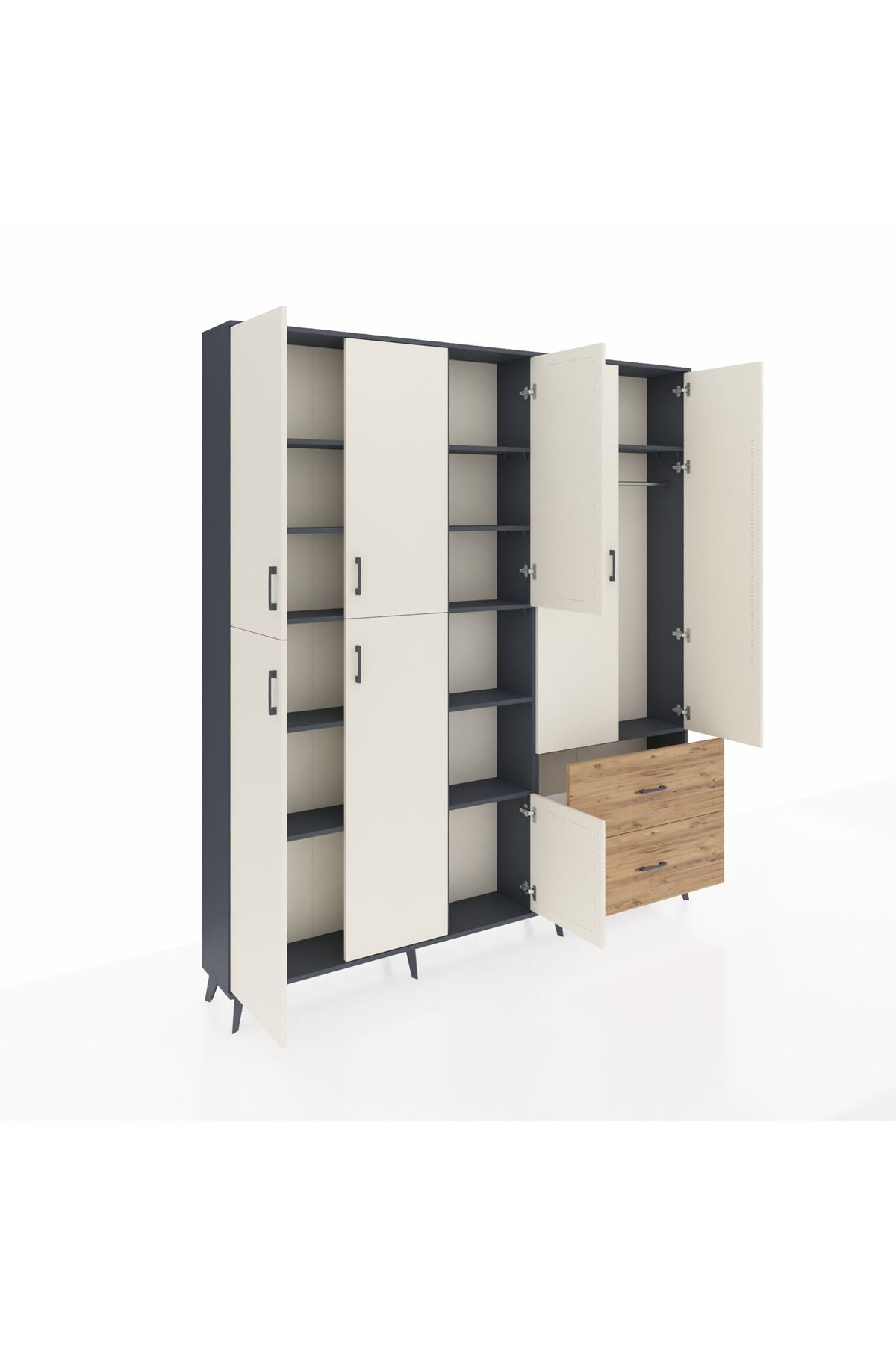 Arges Dolap 12 Raflı 2 Çekmeceli Tek Askılı 220x30x243 Antrasit-Aytaşı/Çam