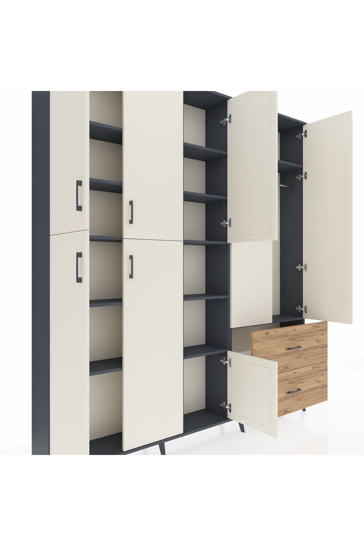 Arges Dolap 12 Raflı 2 Çekmeceli Tek Askılı 220x30x243 Antrasit-Aytaşı/Çam