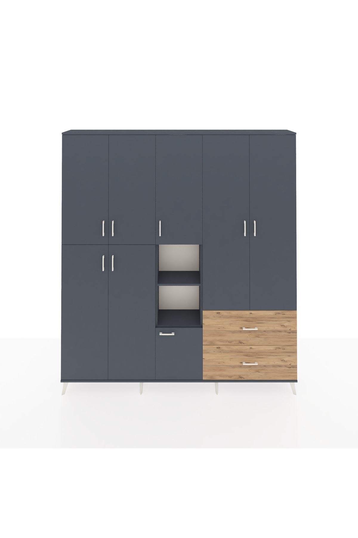 Arges Dolap 12 Raflı 2 Çekmeceli Tek Askılı 220x30x243 Antrasit-Antrasit/Çam