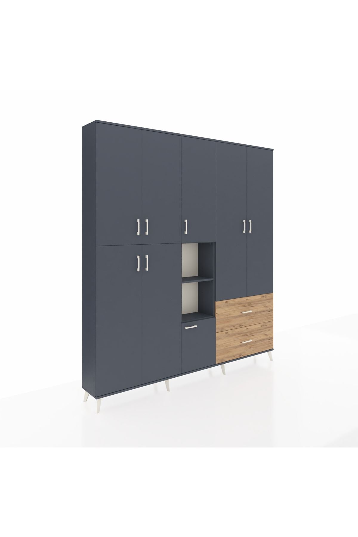 Arges Dolap 12 Raflı 2 Çekmeceli Tek Askılı 220x30x243 Antrasit-Antrasit/Çam