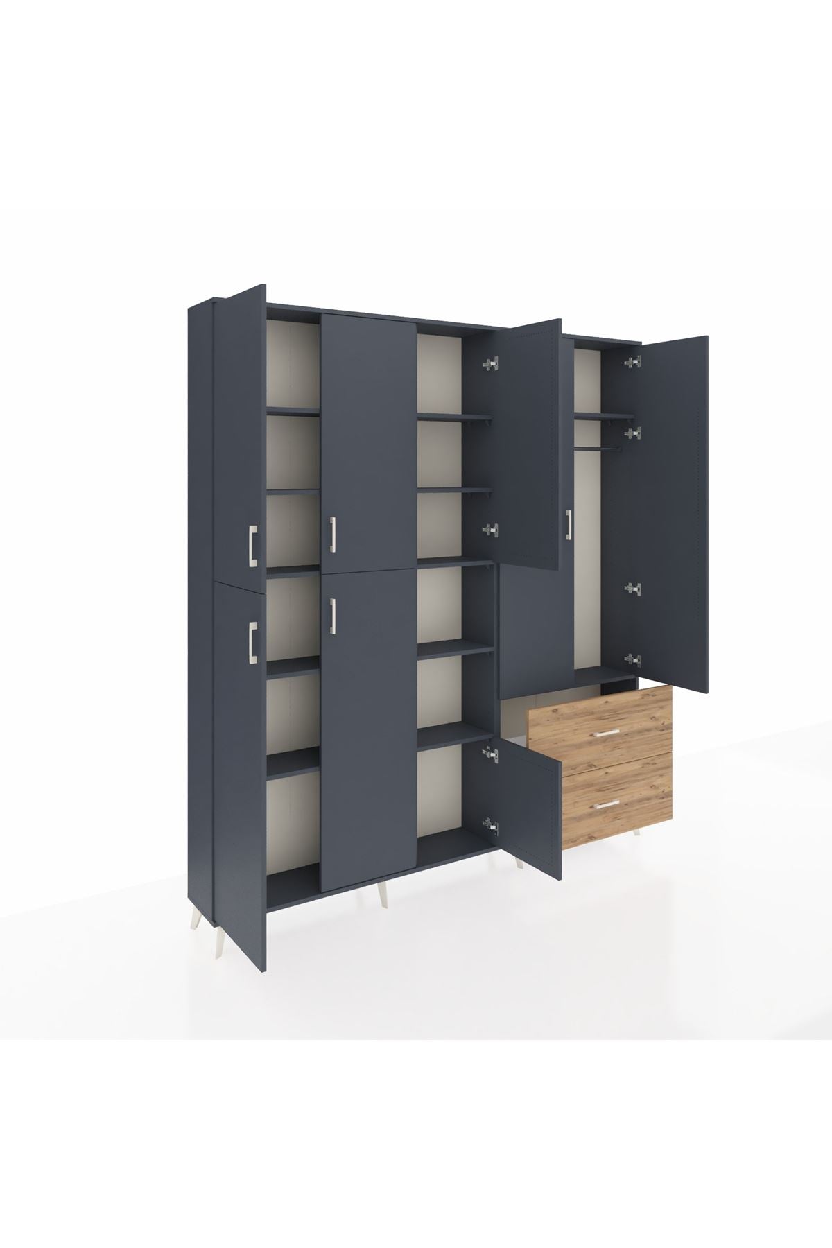 Arges Dolap 12 Raflı 2 Çekmeceli Tek Askılı 220x30x243 Antrasit-Antrasit/Çam