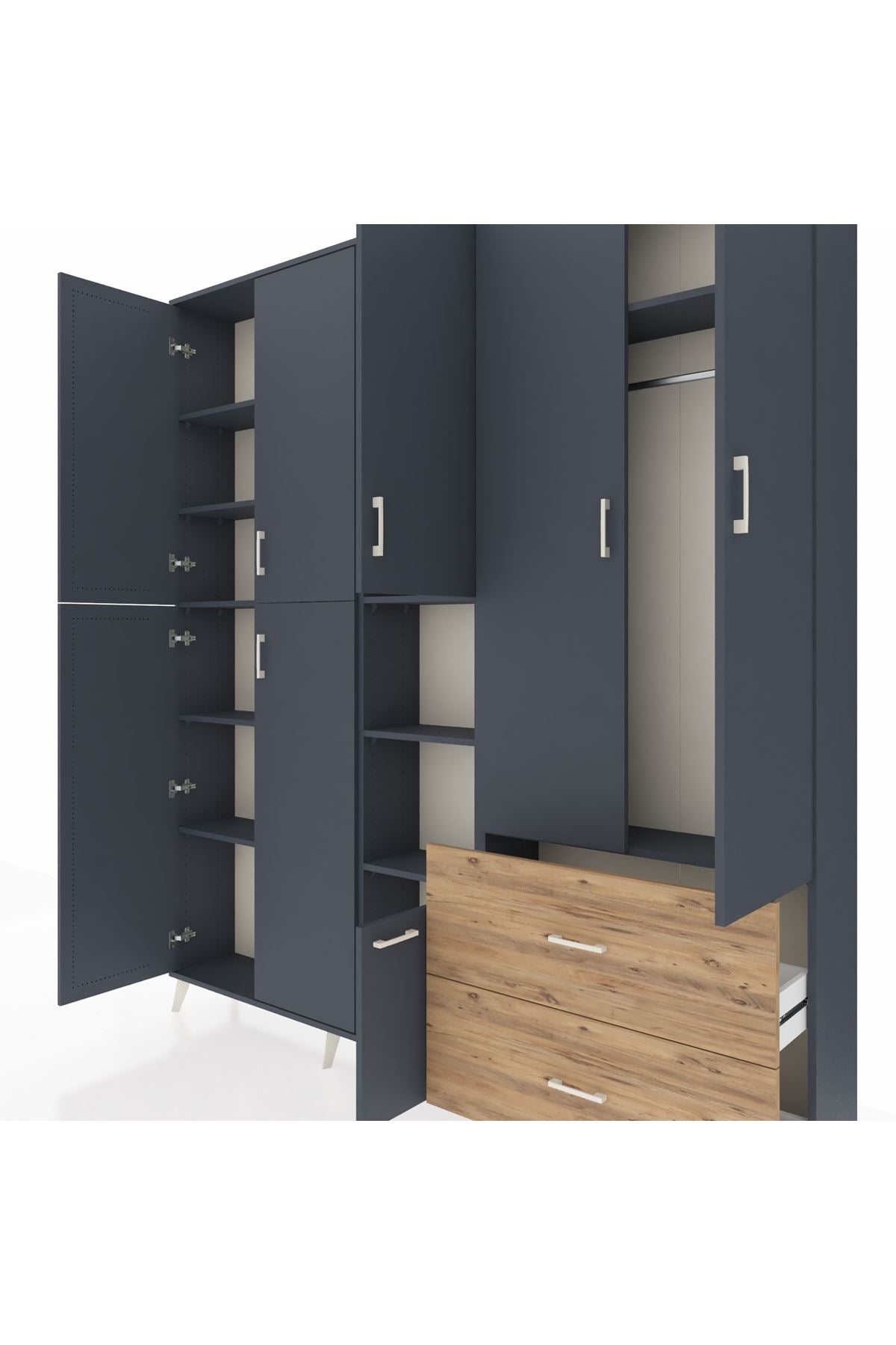 Arges Dolap 12 Raflı 2 Çekmeceli Tek Askılı 220x30x243 Antrasit-Antrasit/Çam