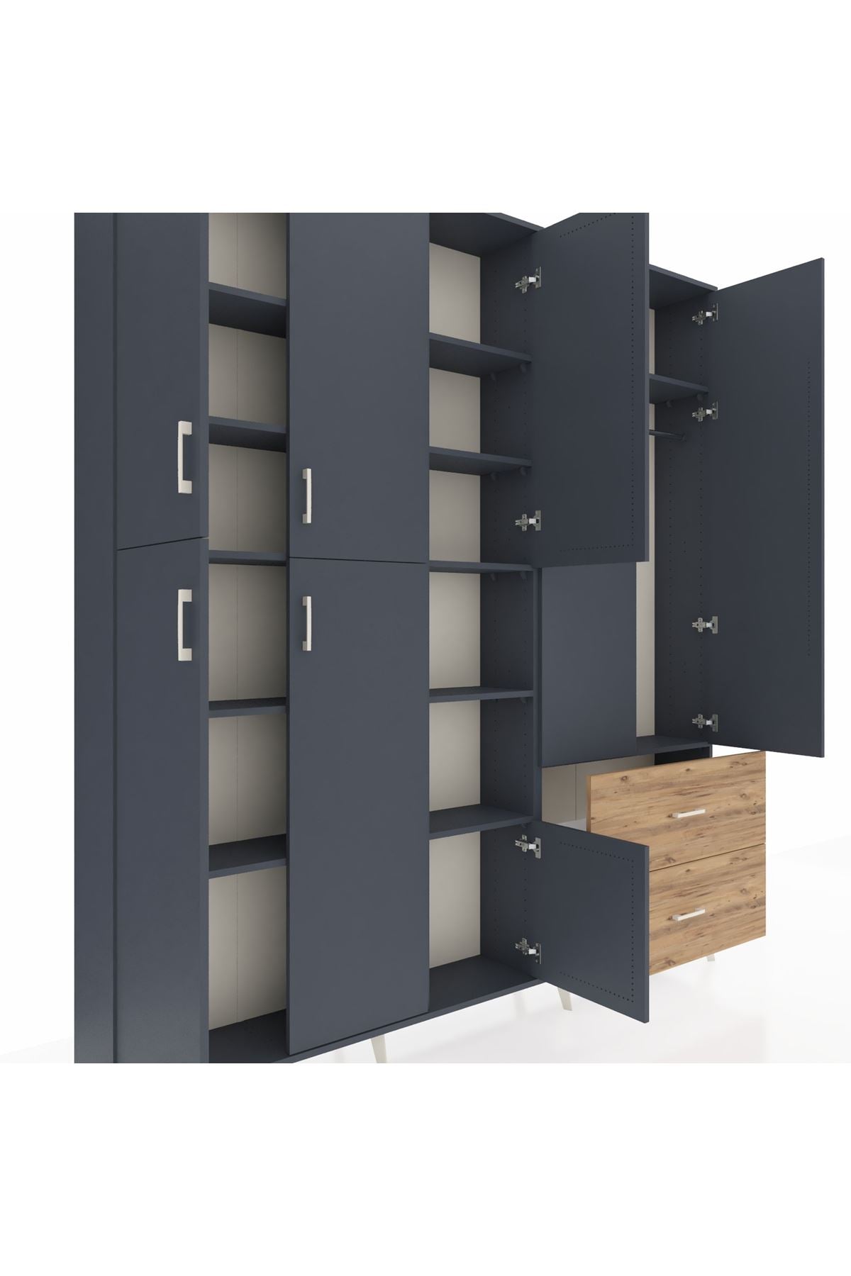 Arges Dolap 12 Raflı 2 Çekmeceli Tek Askılı 220x30x243 Antrasit-Antrasit/Çam