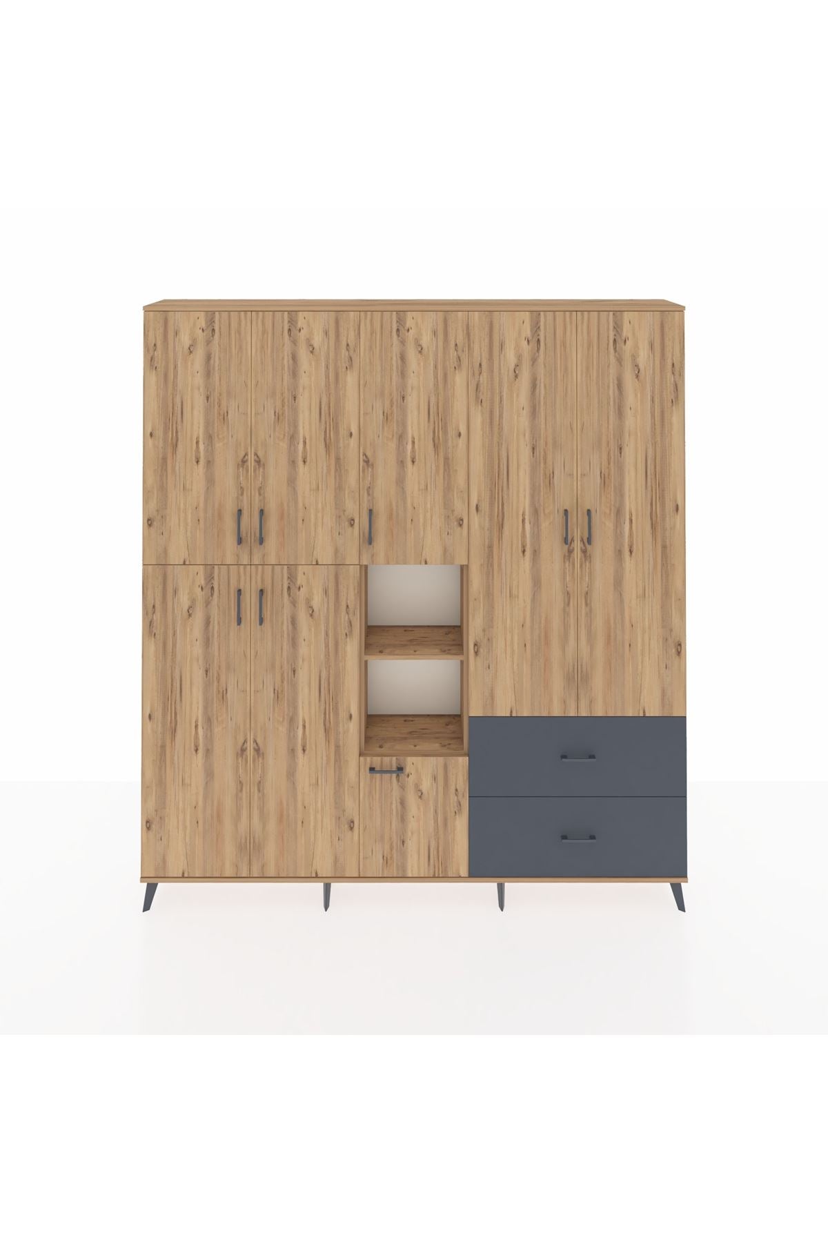 Arges Dolap 12 Raflı 2 Çekmeceli Tek Askılı 220x30x243 Çam-Çam/Antrasit