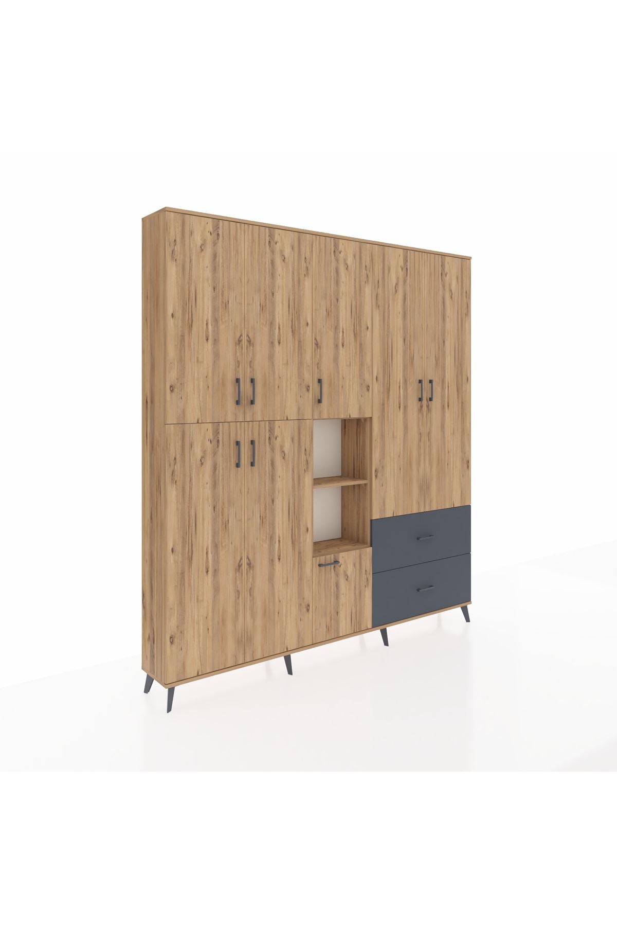 Arges Dolap 12 Raflı 2 Çekmeceli Tek Askılı 220x30x243 Çam-Çam/Antrasit