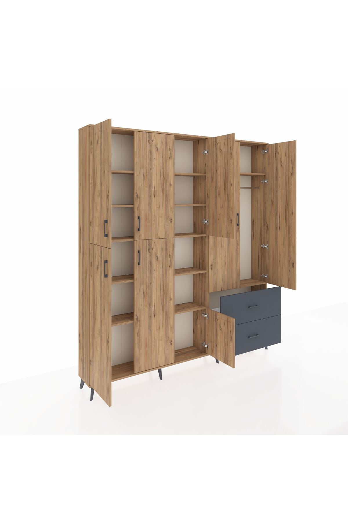 Arges Dolap 12 Raflı 2 Çekmeceli Tek Askılı 220x30x243 Çam-Çam/Antrasit