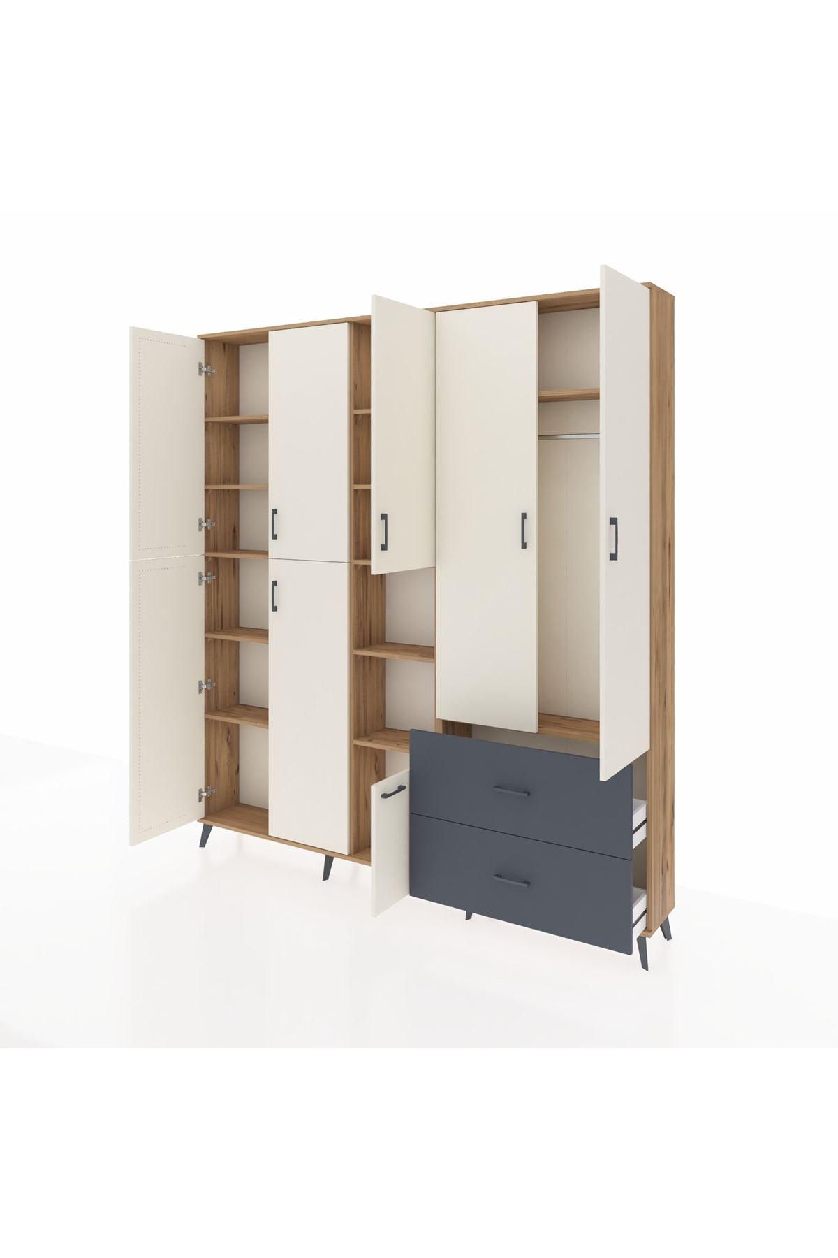 Arges Dolap 12 Raflı 2 Çekmeceli Tek Askılı 220x30x243 Çam-Aytaşı/Antrasit