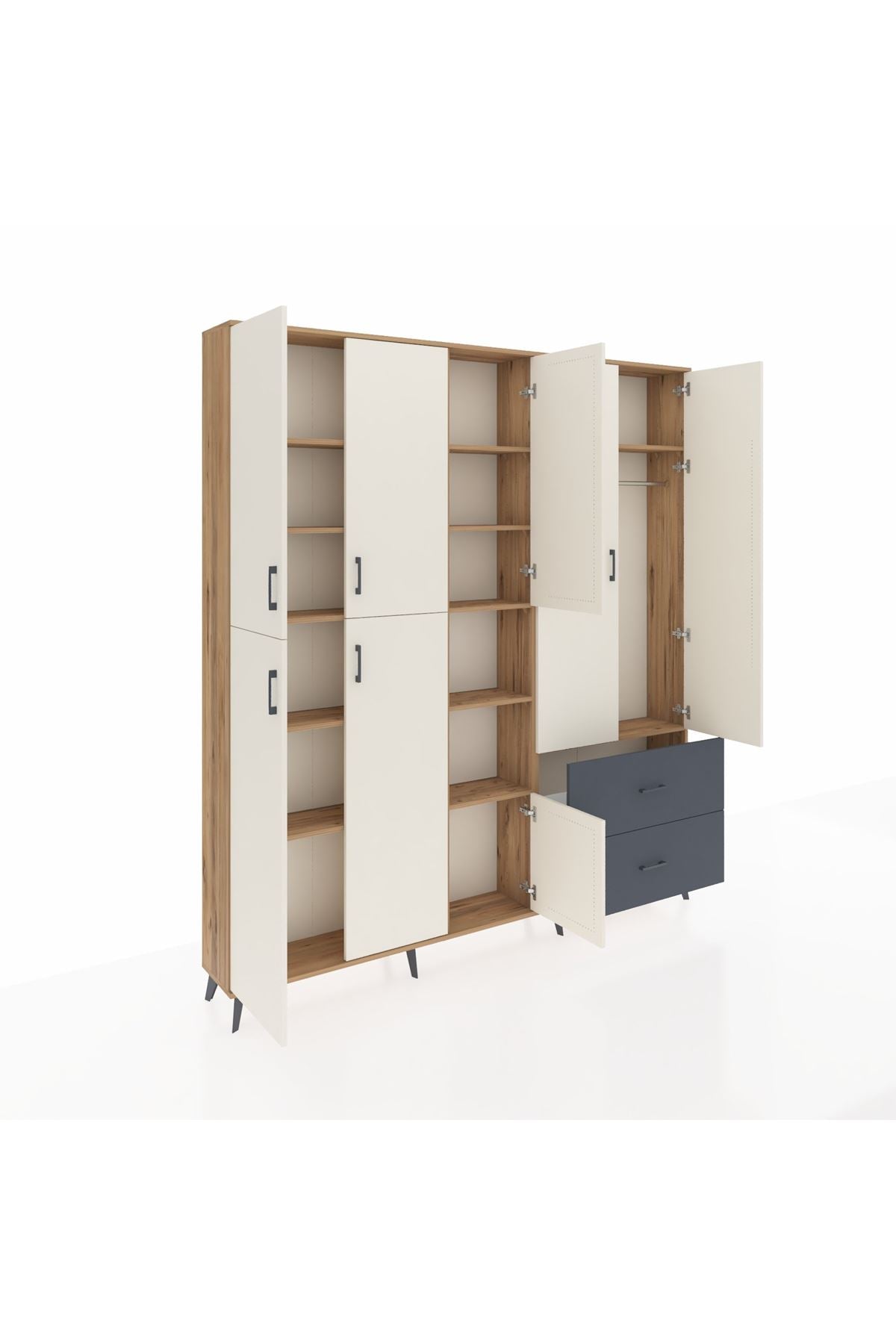 Arges Dolap 12 Raflı 2 Çekmeceli Tek Askılı 220x30x243 Çam-Aytaşı/Antrasit