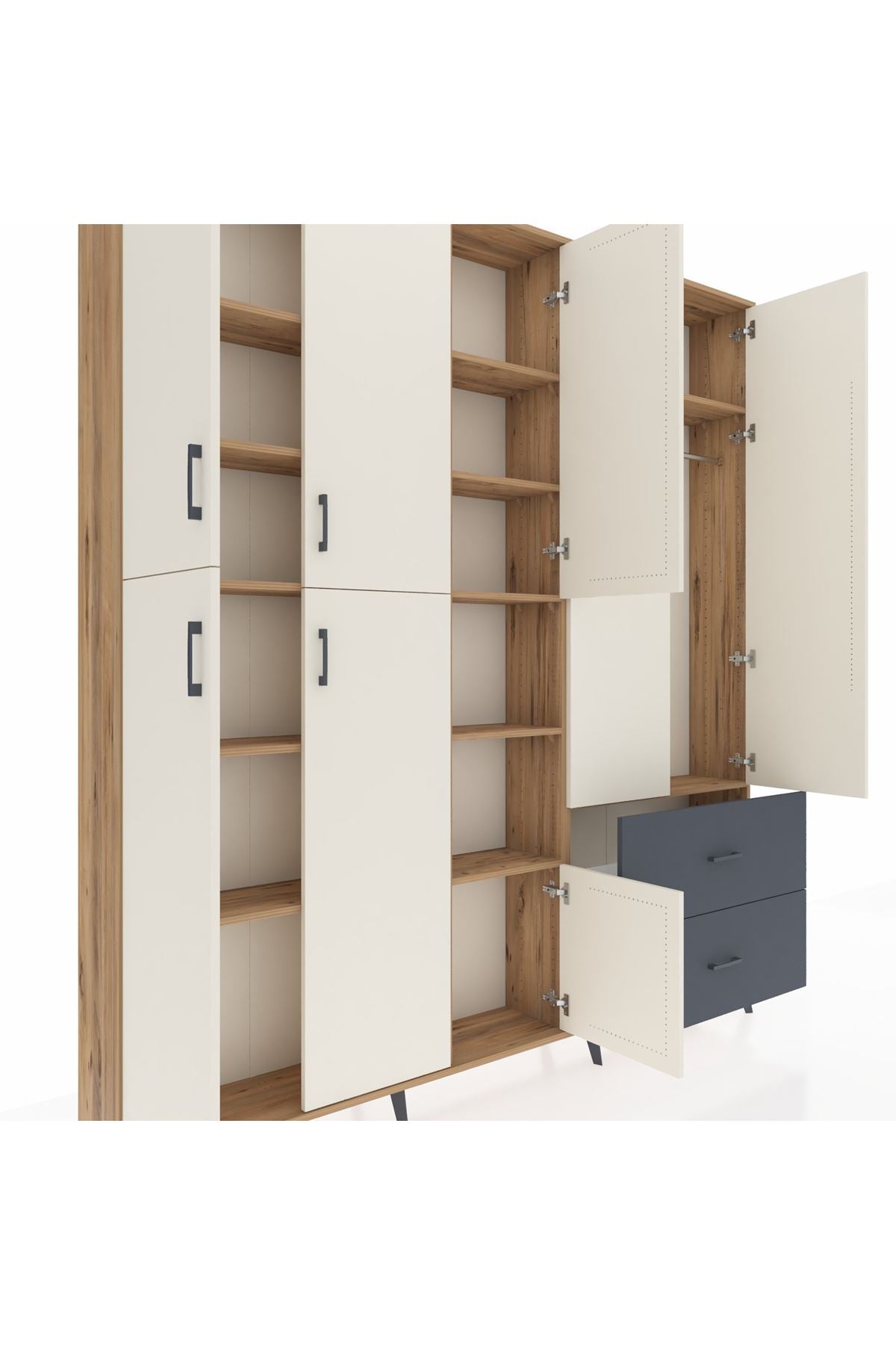 Arges Dolap 12 Raflı 2 Çekmeceli Tek Askılı 220x30x243 Çam-Aytaşı/Antrasit