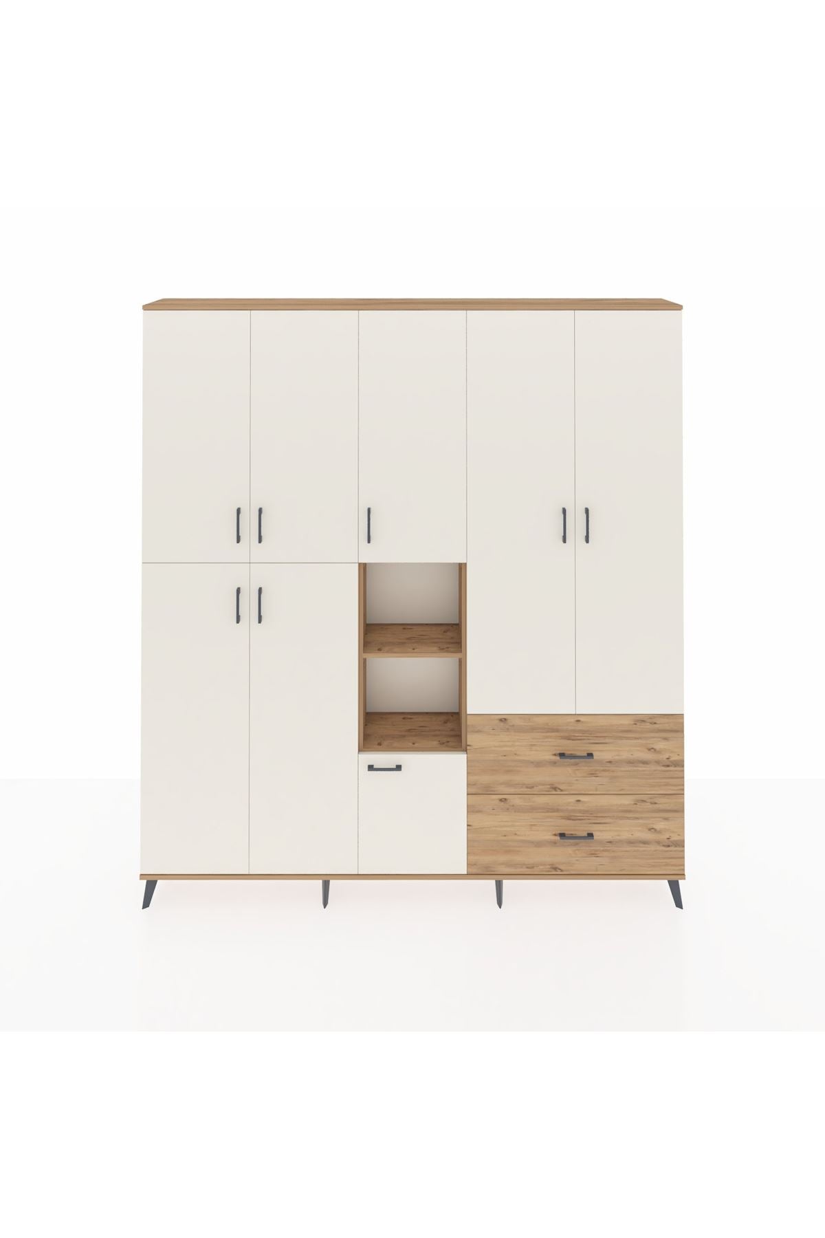 Arges Dolap 12 Raflı 2 Çekmeceli Tek Askılı 220x30x243 Çam-Aytaşı/Çam