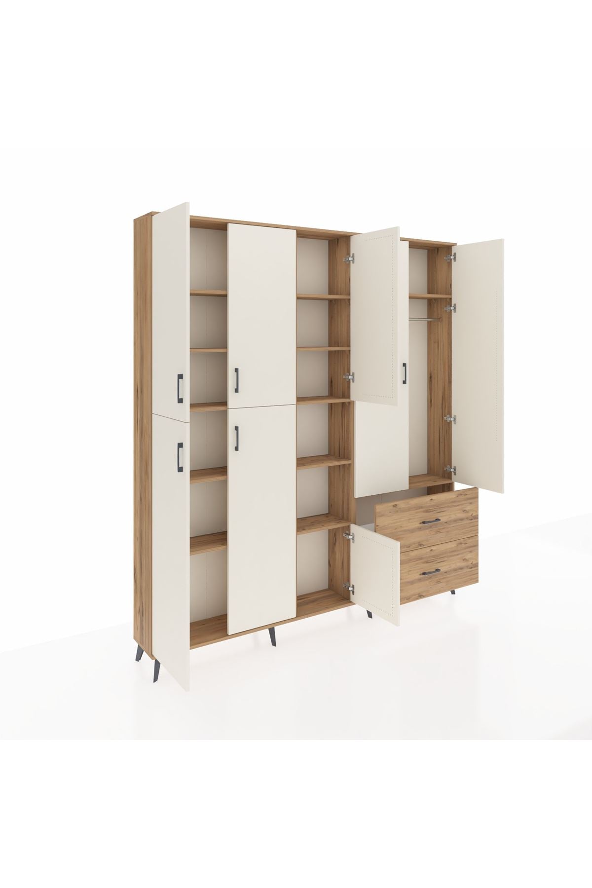 Arges Dolap 12 Raflı 2 Çekmeceli Tek Askılı 220x30x243 Çam-Aytaşı/Çam