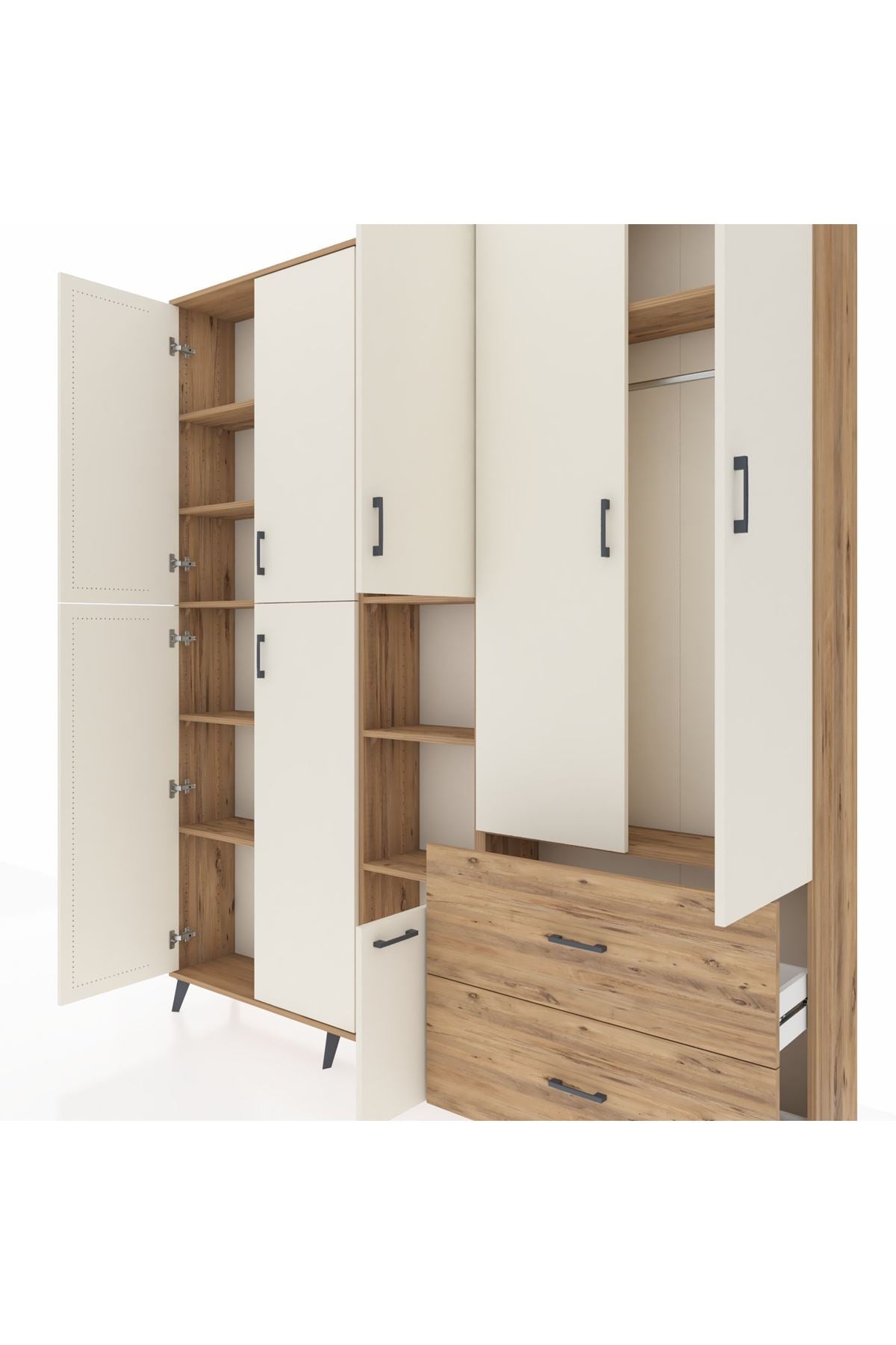 Arges Dolap 12 Raflı 2 Çekmeceli Tek Askılı 220x30x243 Çam-Aytaşı/Çam