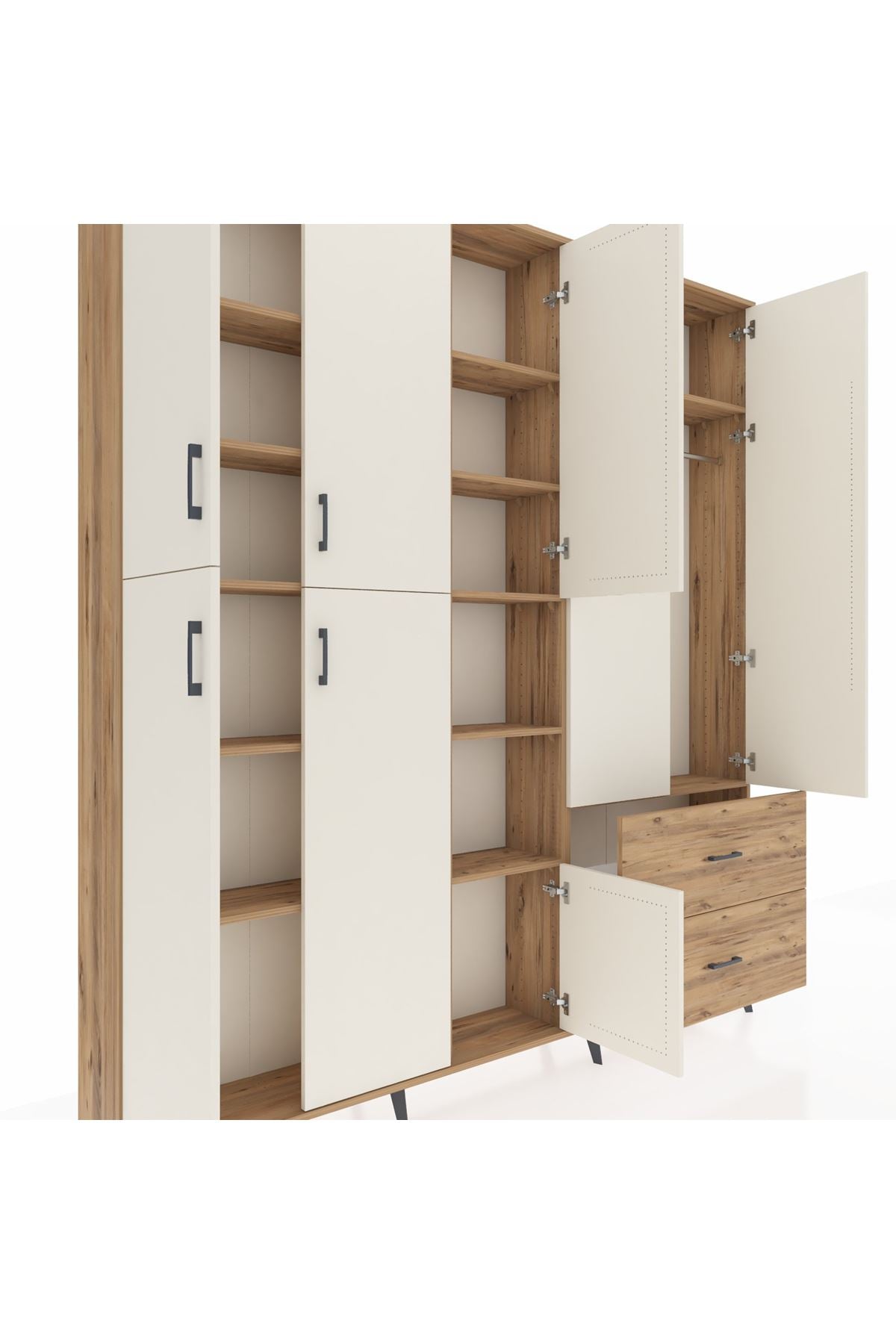 Arges Dolap 12 Raflı 2 Çekmeceli Tek Askılı 220x30x243 Çam-Aytaşı/Çam