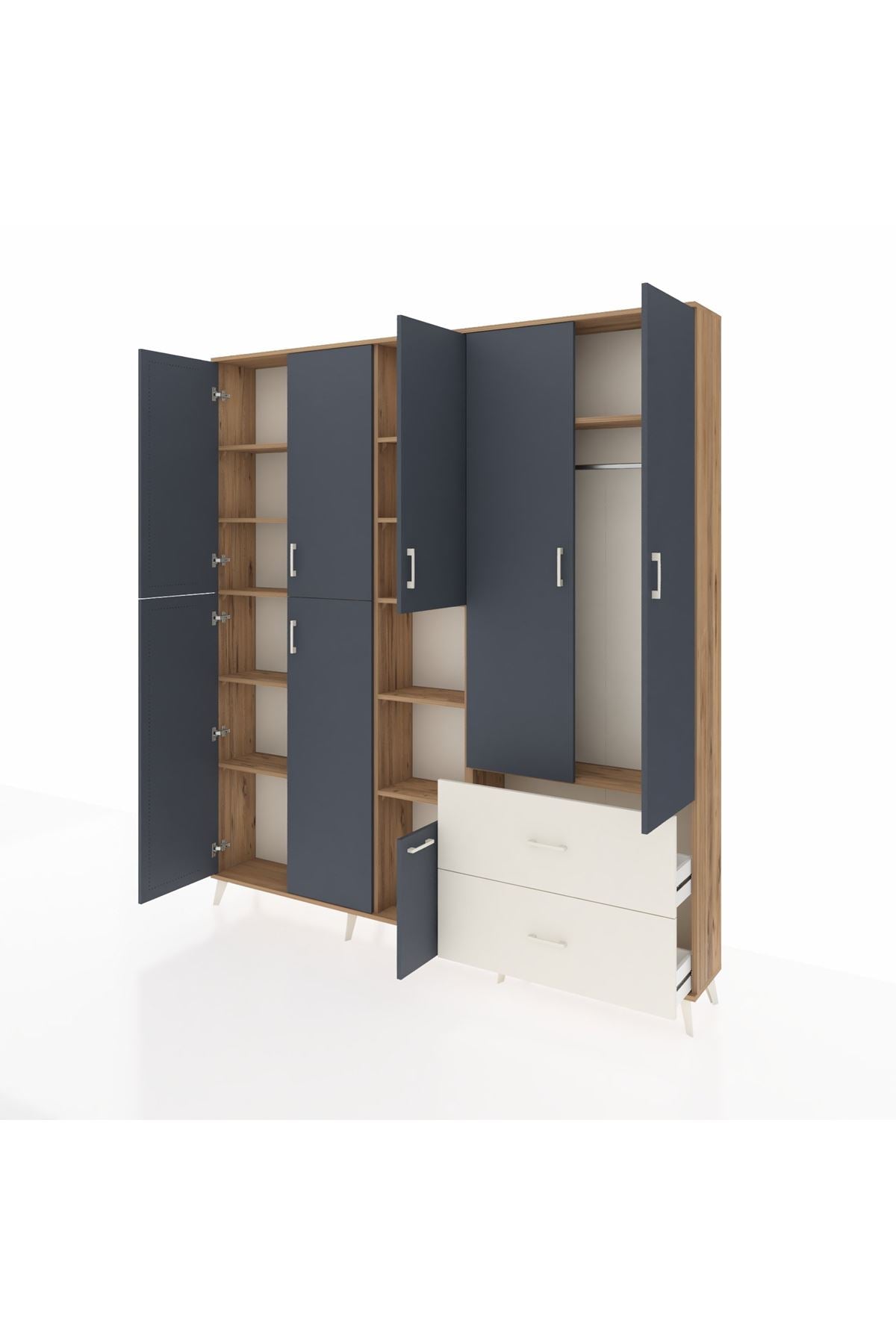 Arges Dolap 12 Raflı 2 Çekmeceli Tek Askılı 220x30x243 Çam-Antrasit/Aytaşı