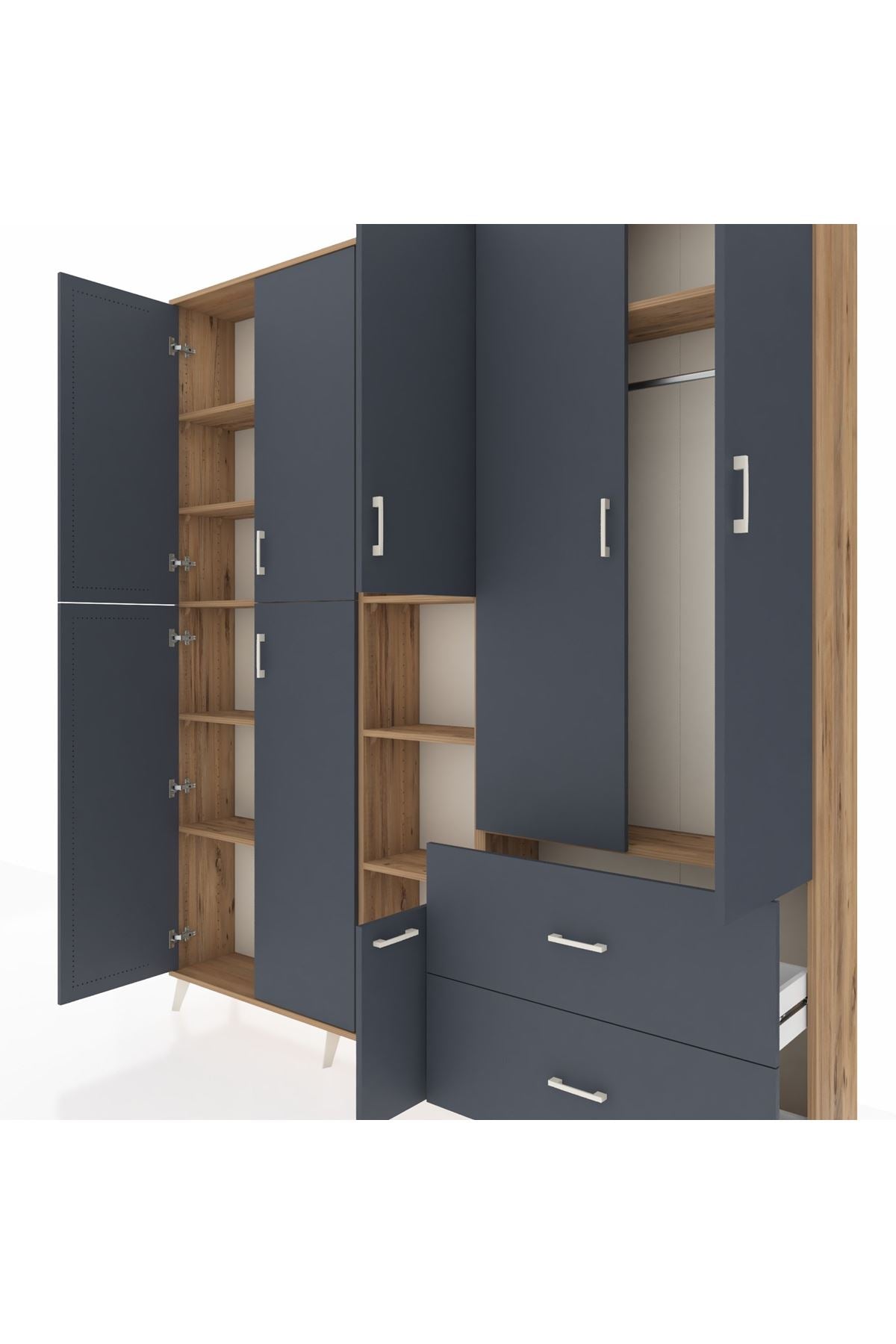 Arges Gardrop 12 Raflı 2 Çekmeceli Tek Askılı 220x30x243 Çam-Antrasit