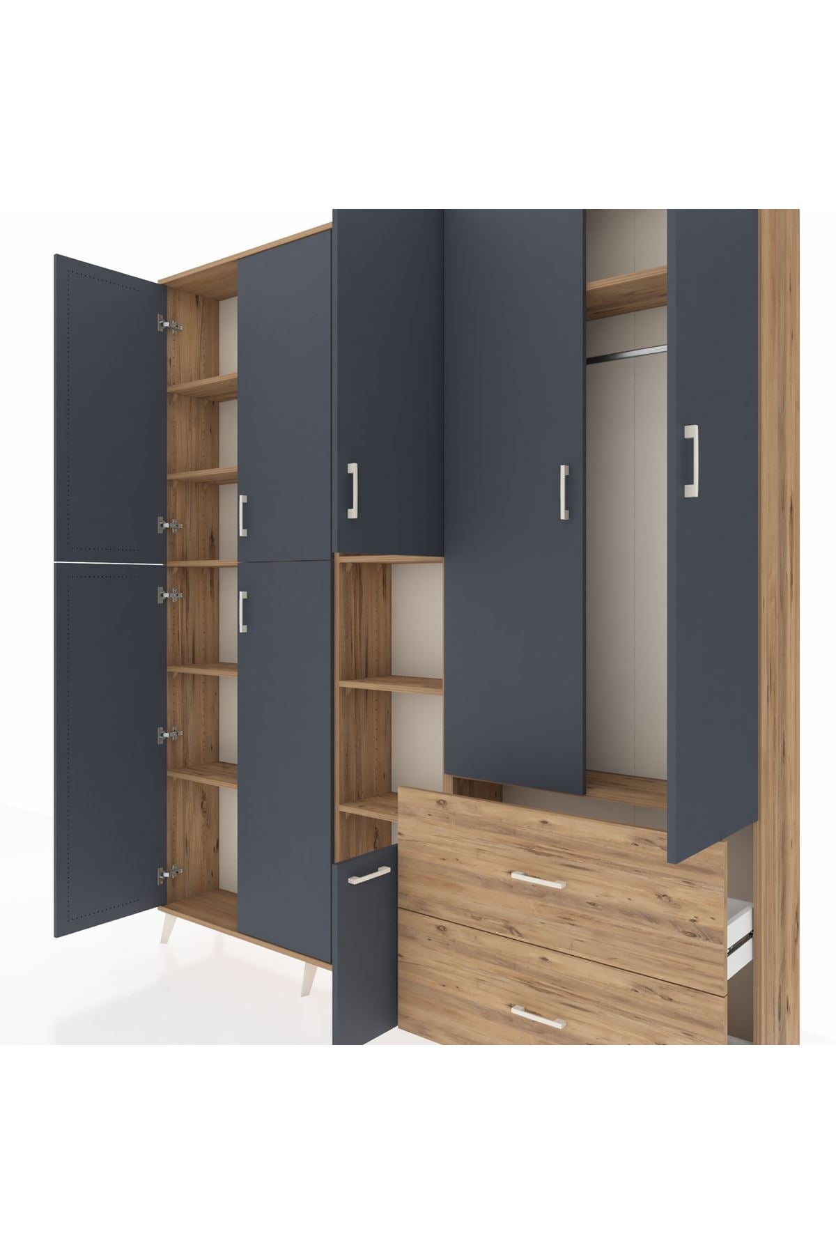 Arges Dolap 12 Raflı 2 Çekmeceli Tek Askılı 220x30x243 Çam-Antrasit/Çam